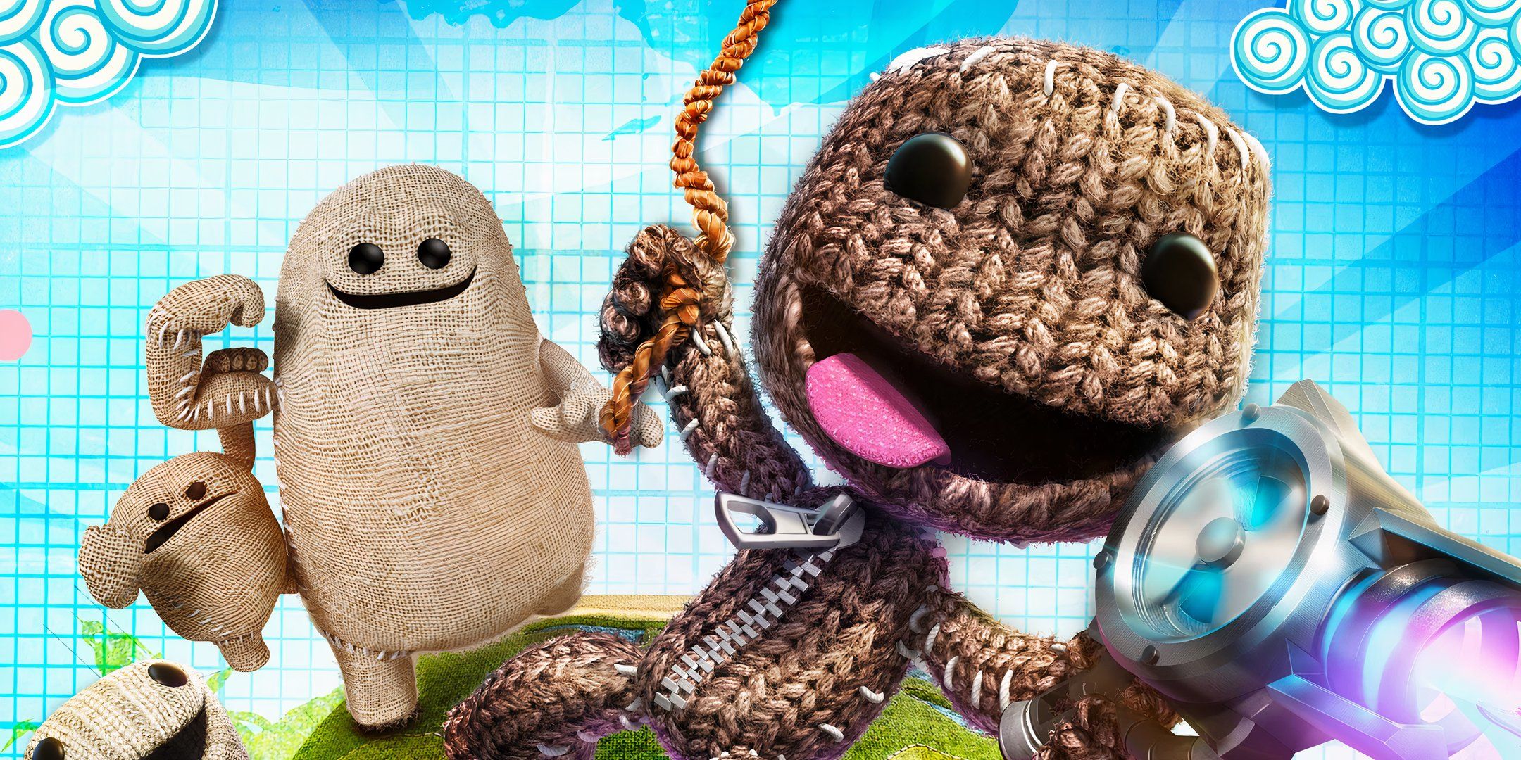 Sackboy swinging from a world.