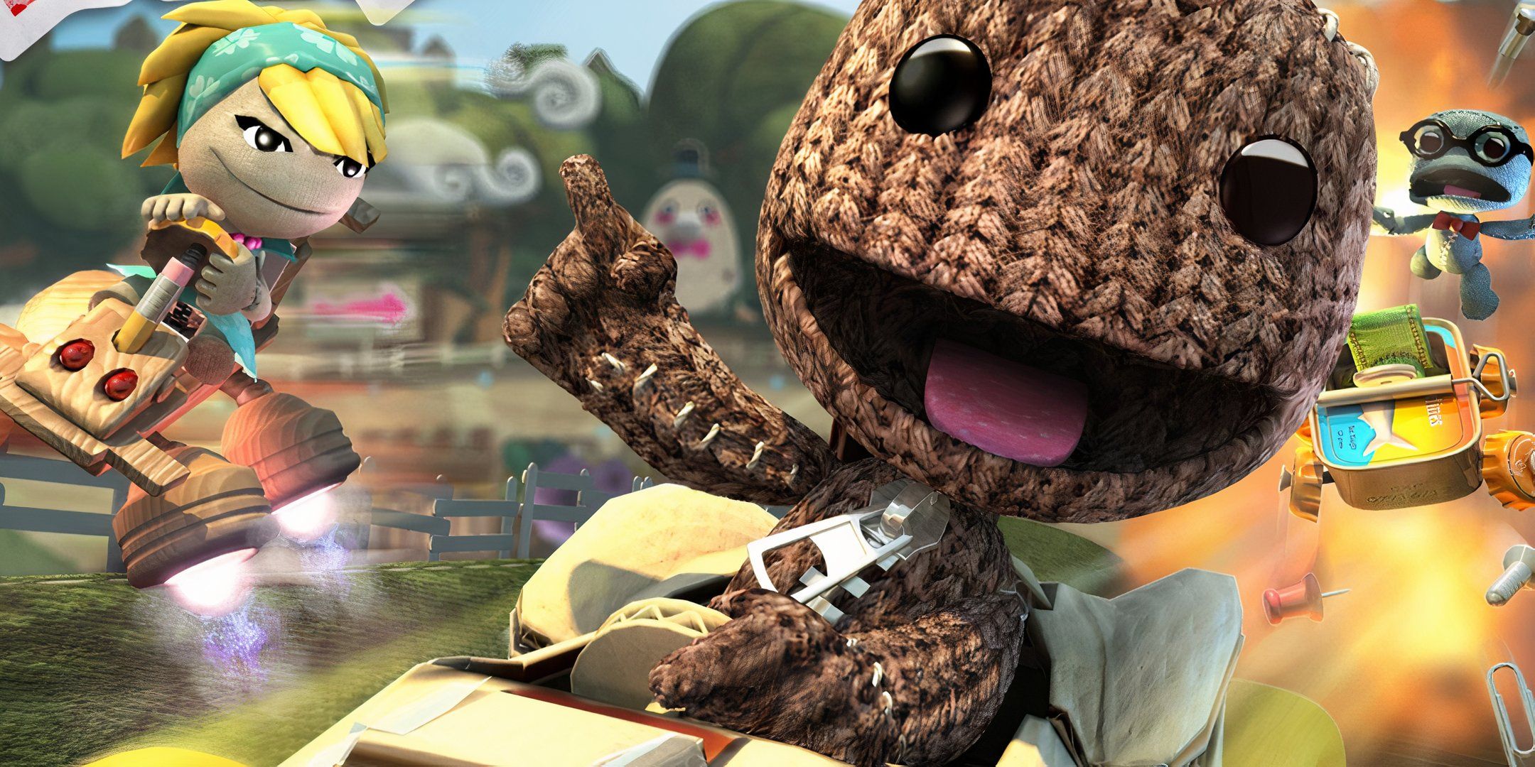 Sackboy rising in a kart.