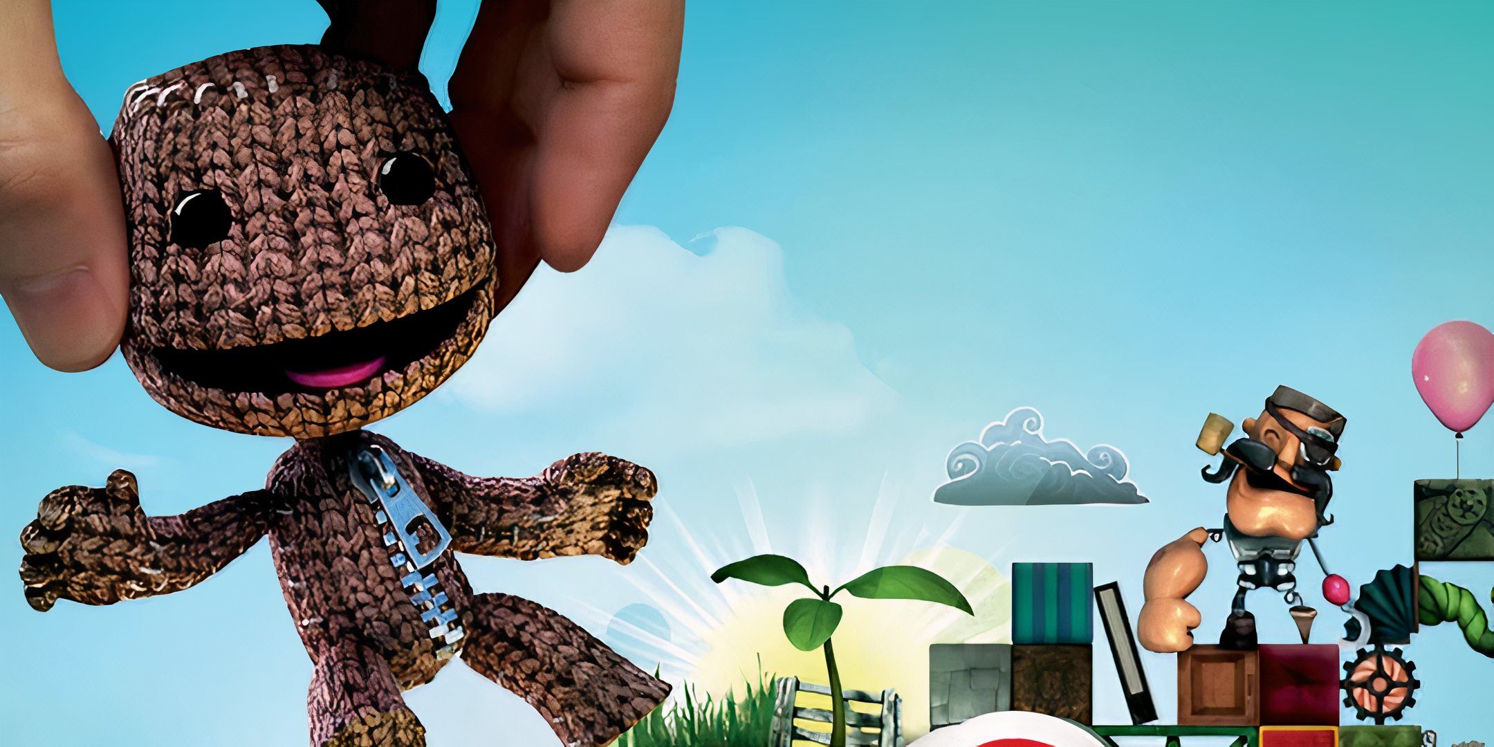 Sackboy being held in front of different objects.