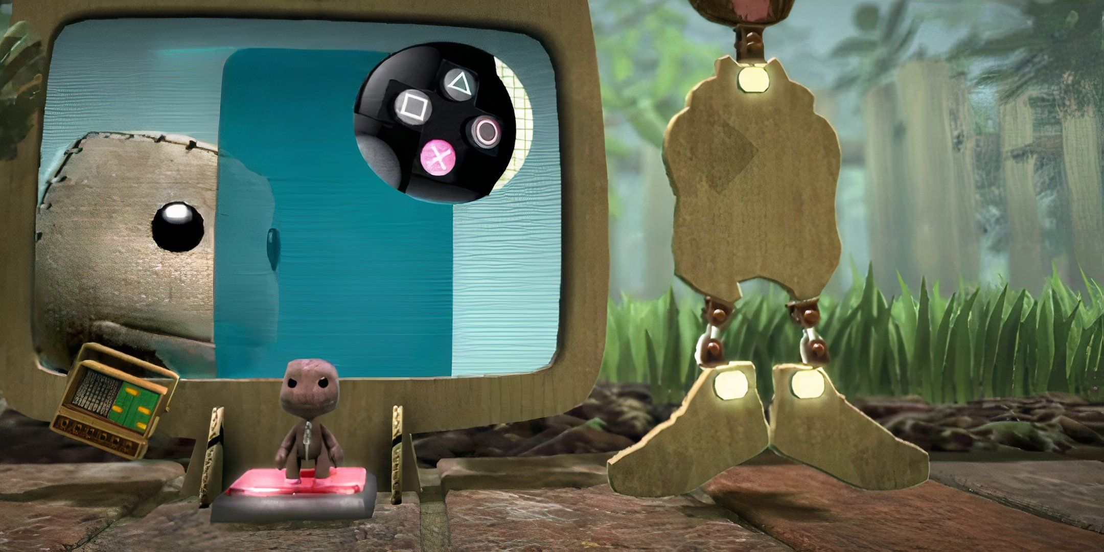 Sackboy in front of a cardboard TV.