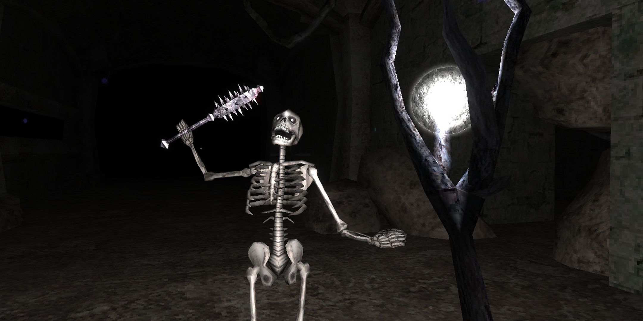 Lunacid screenshot of player in a crypt holding up a staff as a skeleton approaches