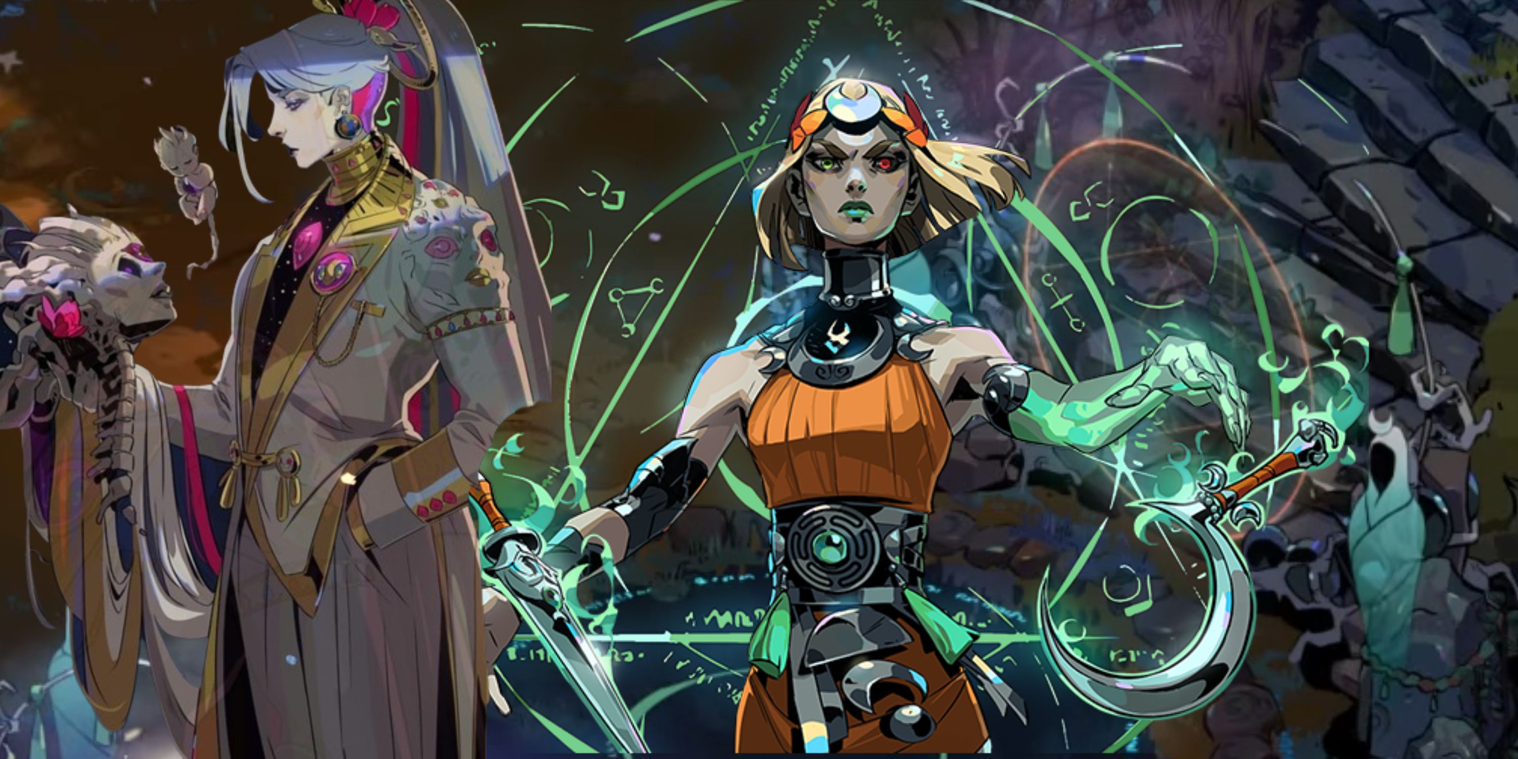 Melinoe and Chaos portraits over the Ward to the Surface in Hades 2