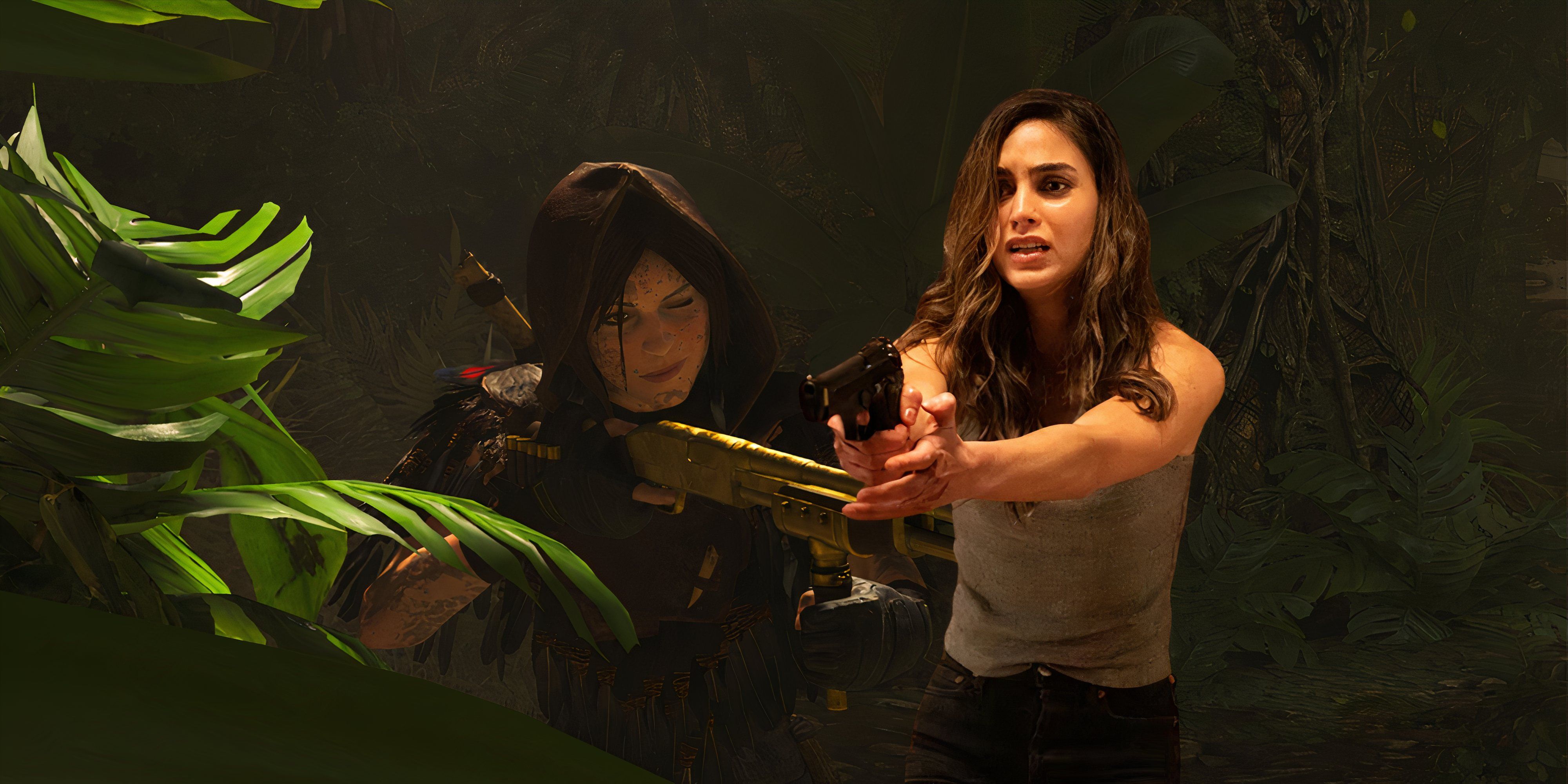 Melissa Barrera holds a gun in a screenshot from Shadow of the Tomb Raider
