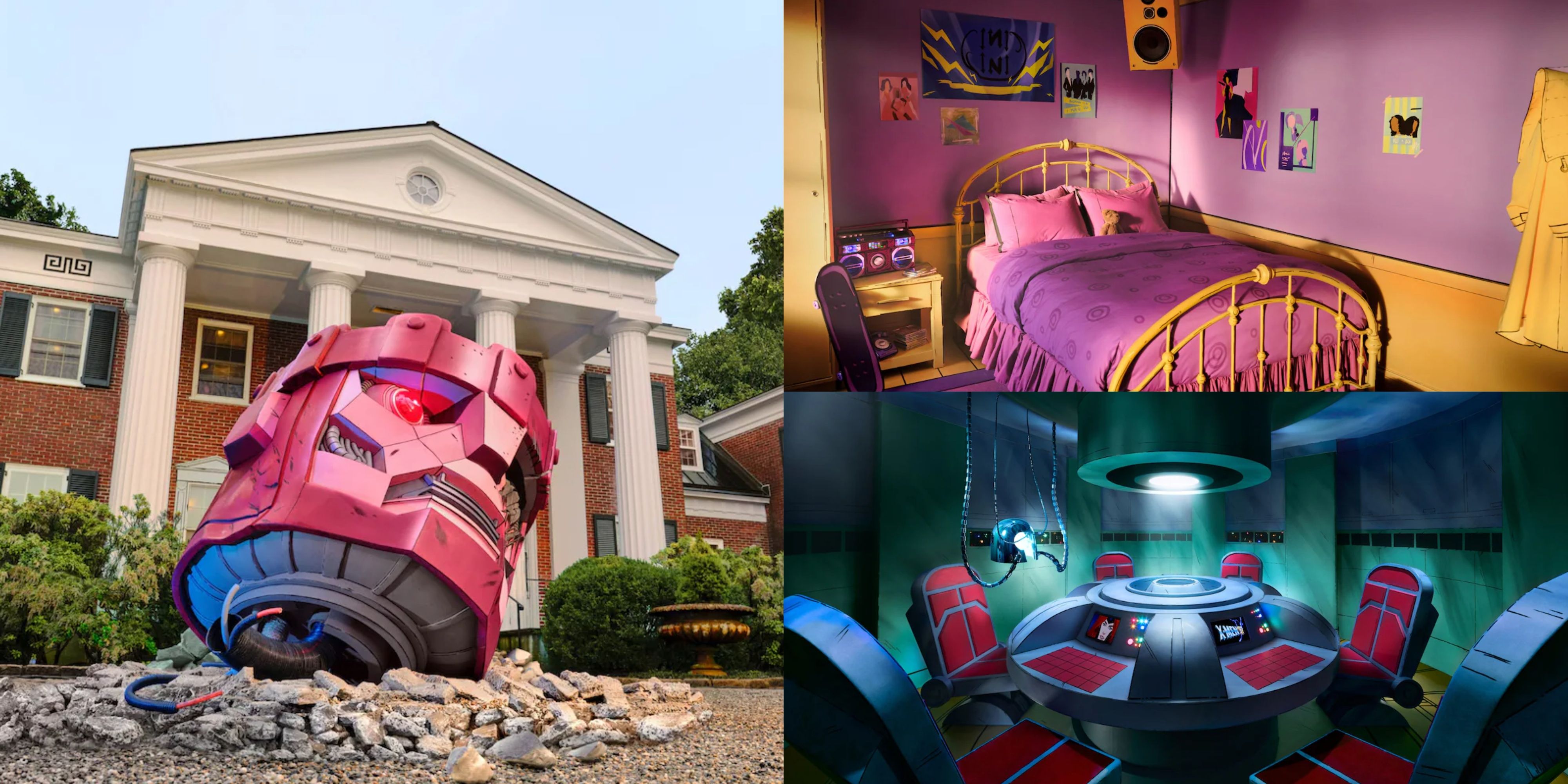 a sentinel head outside and rooms inside airbnb's x-men mansion