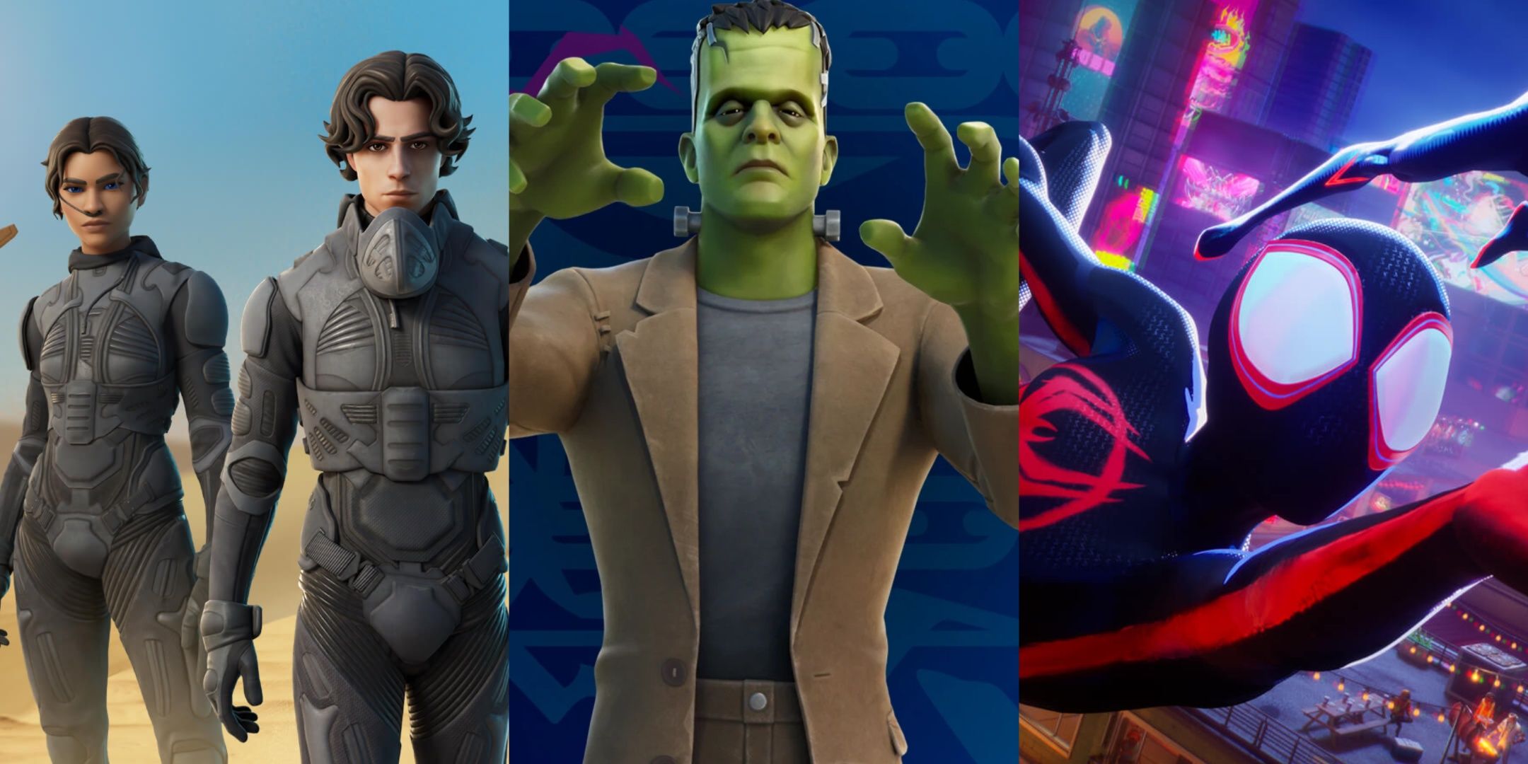 Fortnite Frankenstein, Miles Morales, and Dune Collab Skins