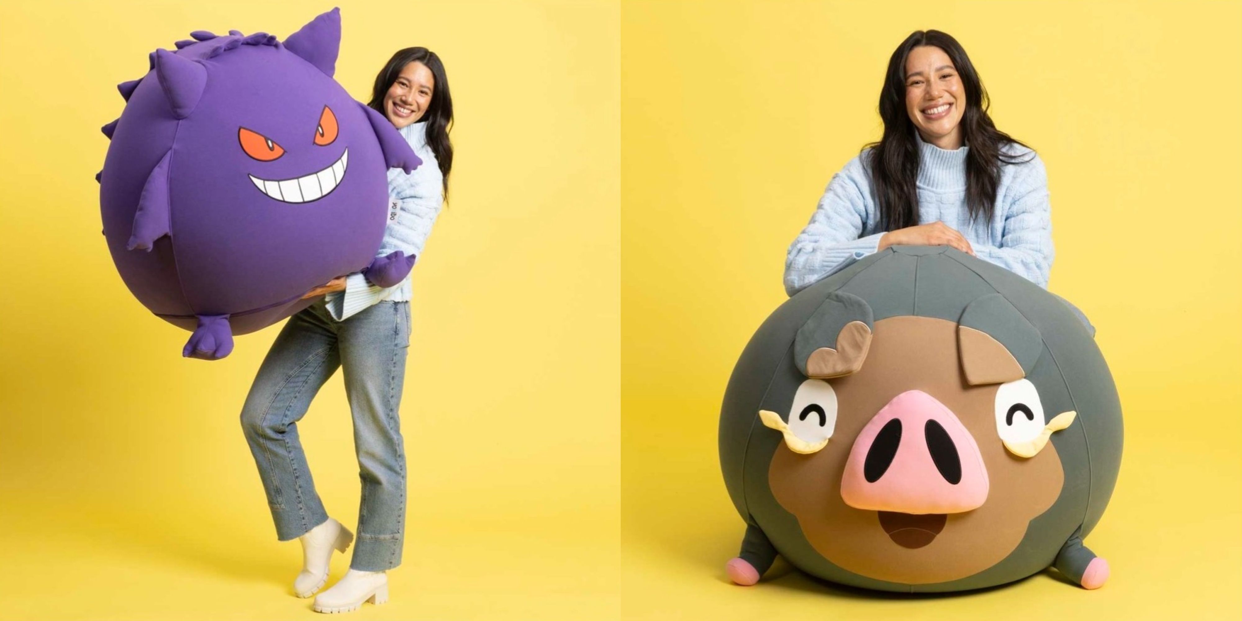 a woman holding a gengar beanbag and resting on a lechonk beanbag