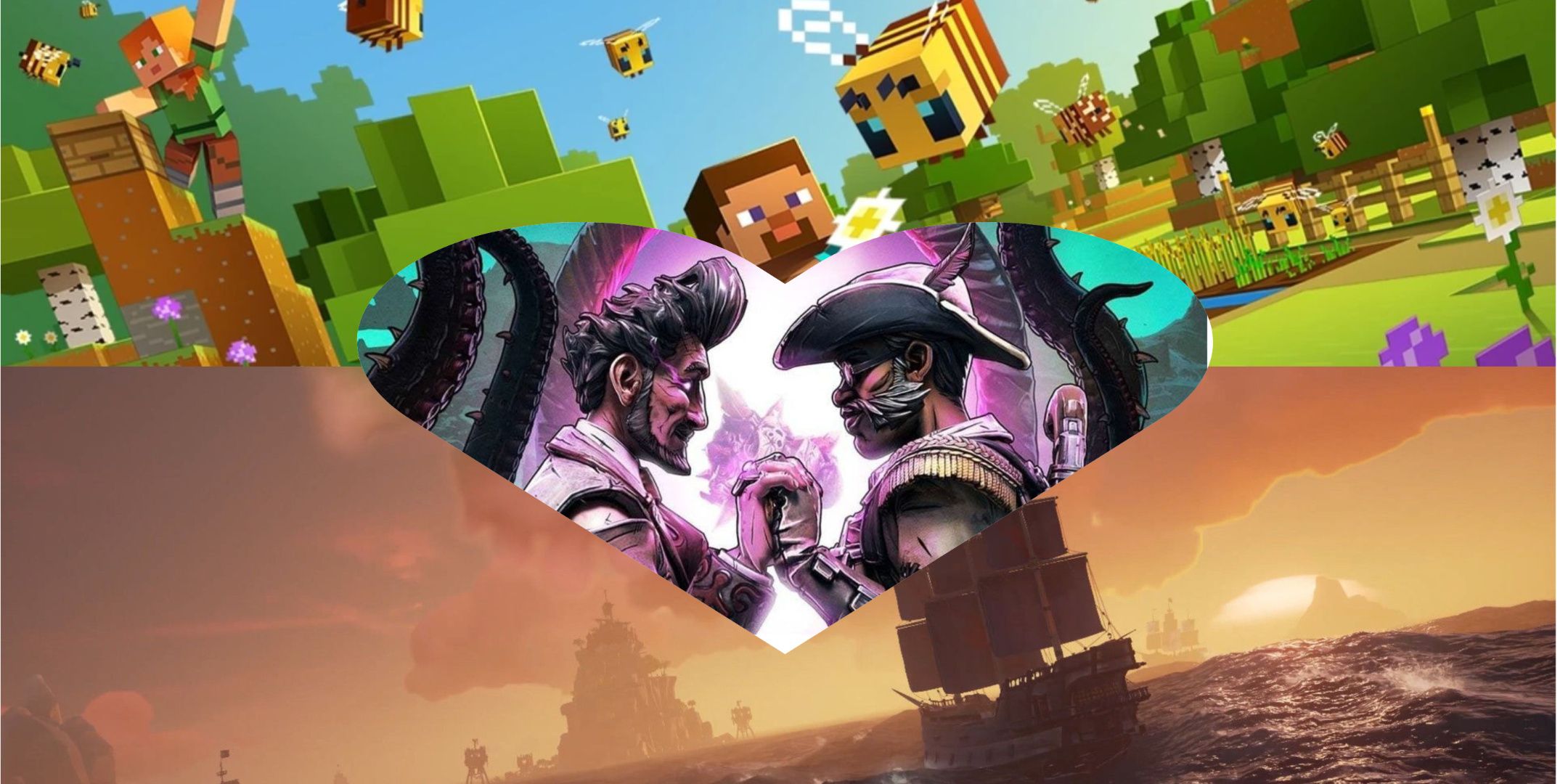 heart shaped collage of borderlands 3 sea of thieves and minecraft
