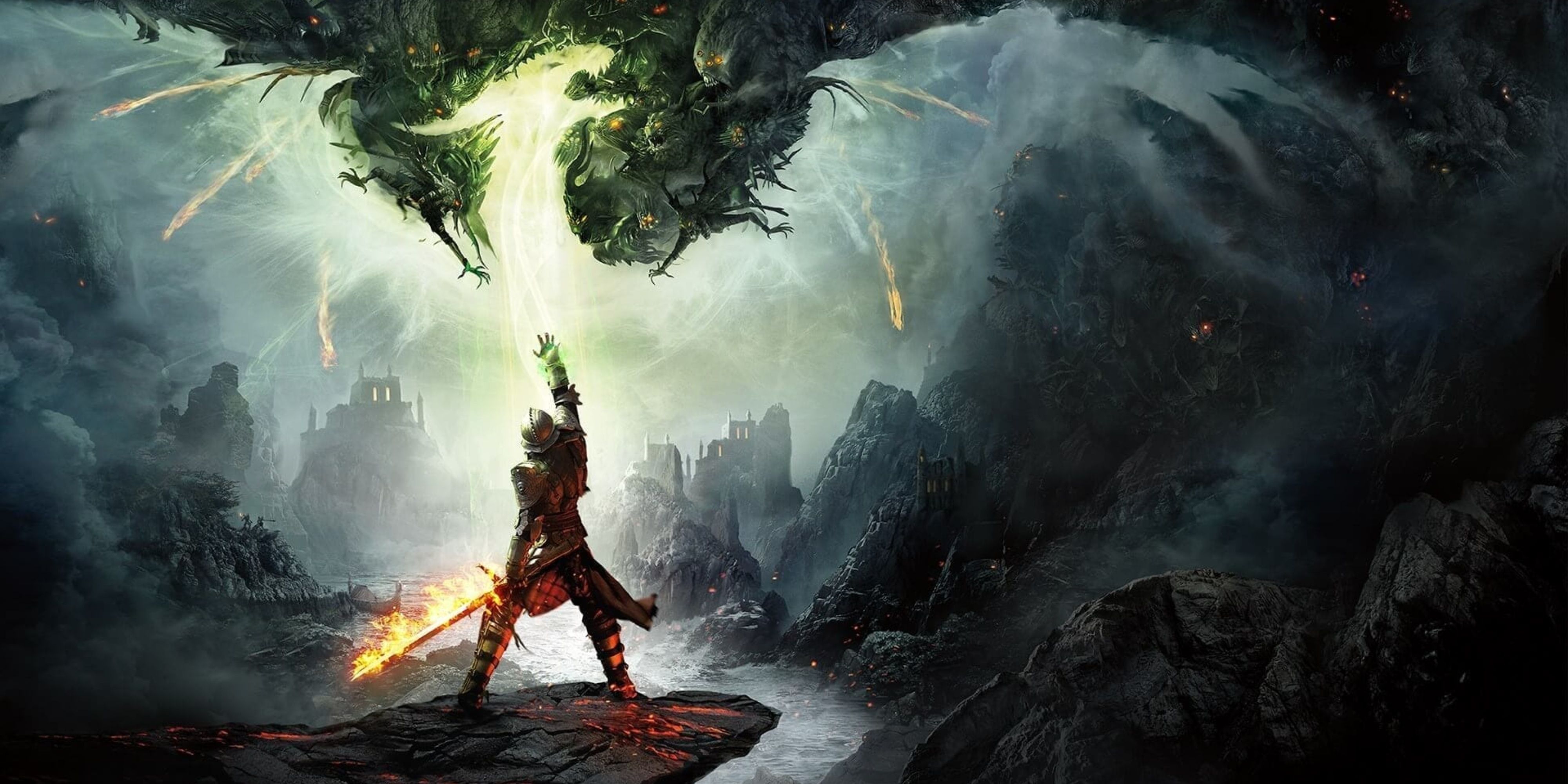 dragon age inquisition knight holding a flaming sword under a dragon