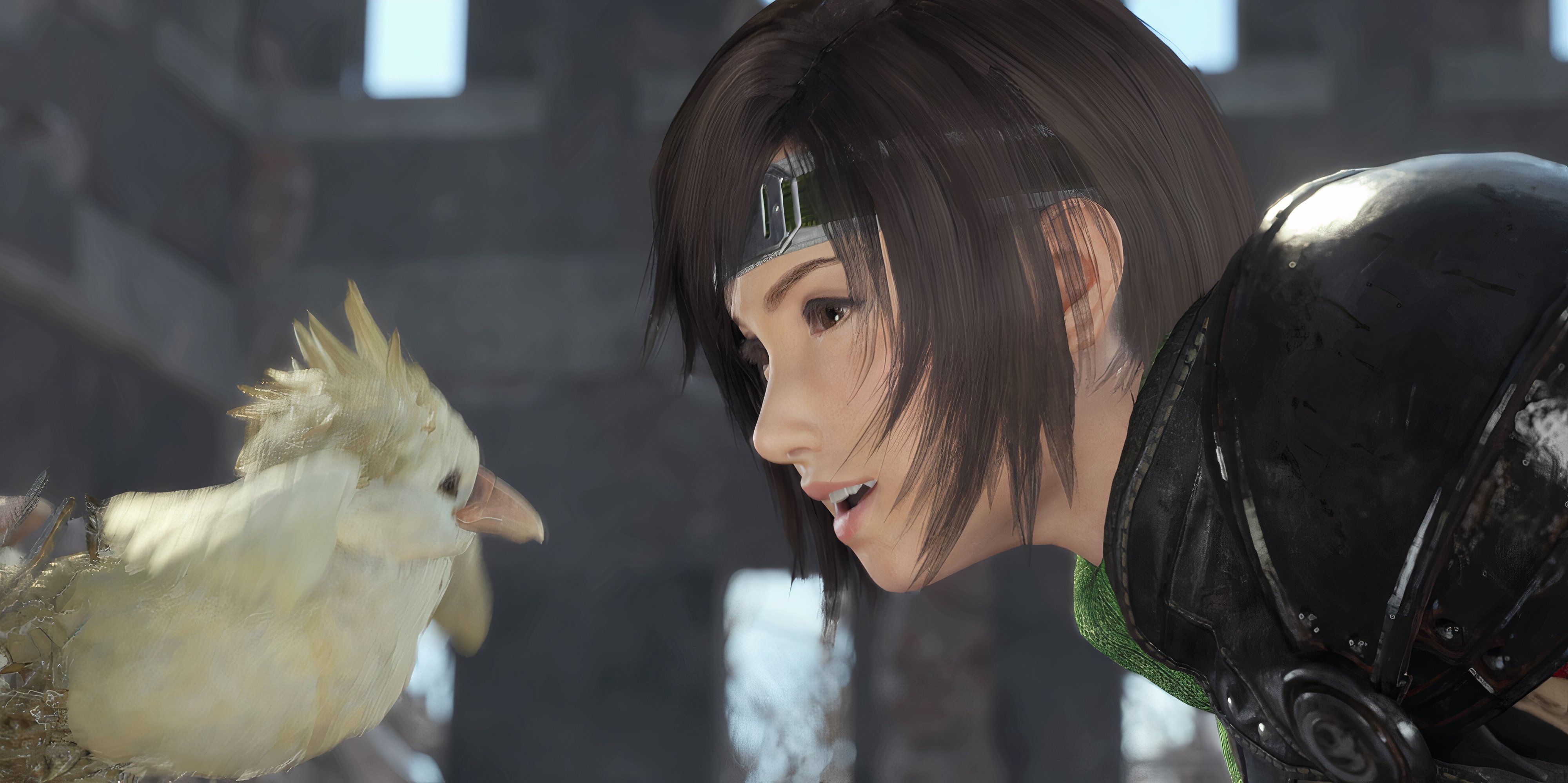 yuffie looking at a baby chocobo in final fantasy 7 rebirth