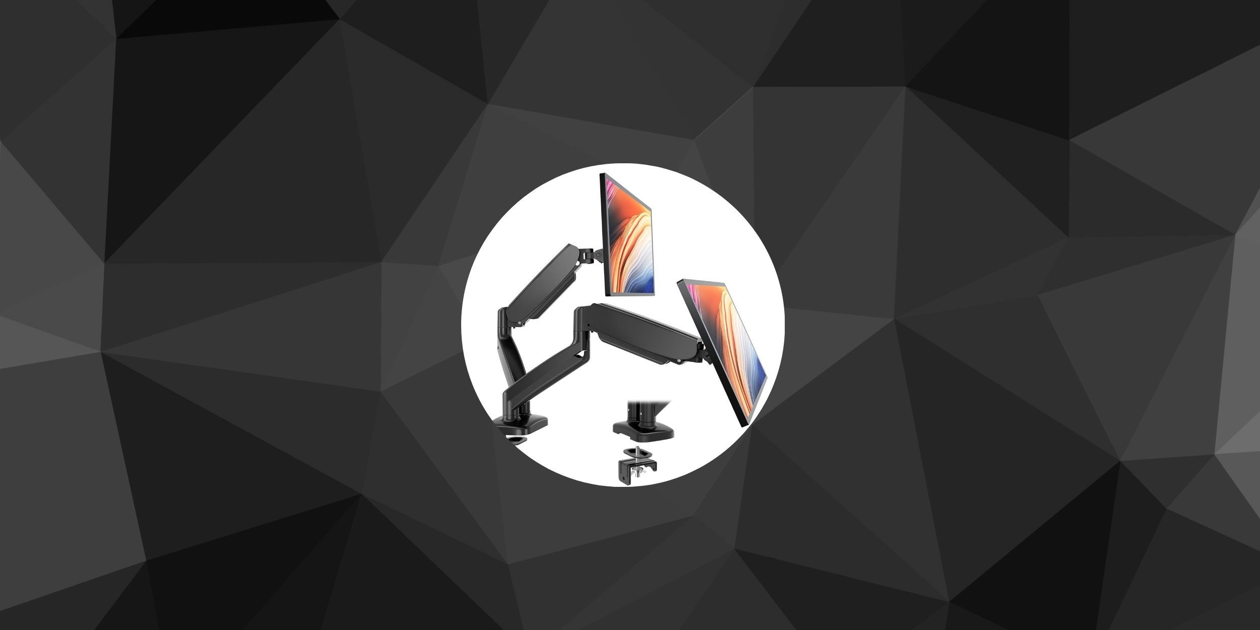 A Sweetcrispy Dual Monitor Arm's promotional image in a circular image against a polygonal black and gray background.