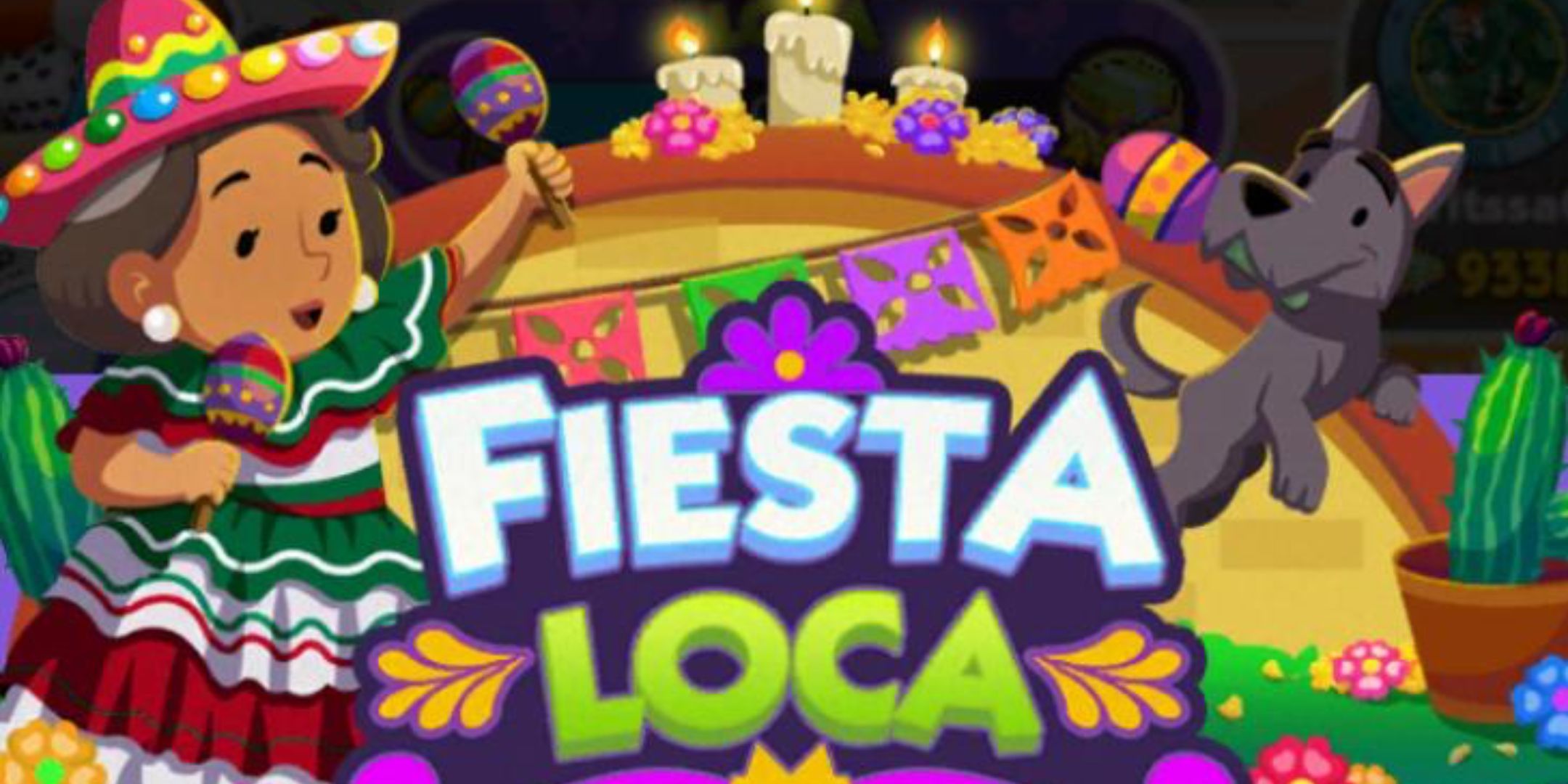 Ms. Monopoly and her dog featured in Fiesta Loca banner in Monopoly Go.