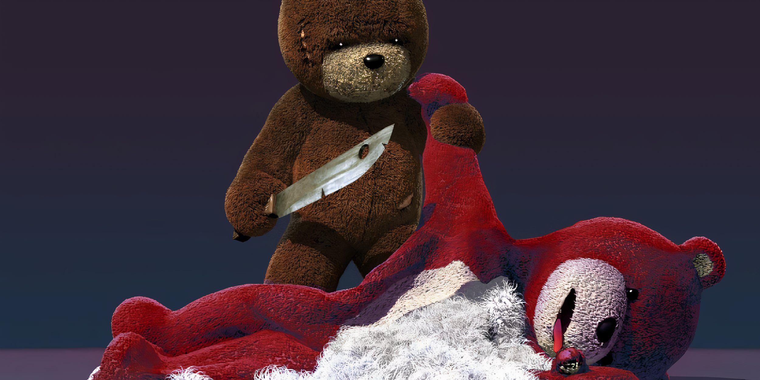 Naughty Bear stands over a dead stuffed bear with a knife