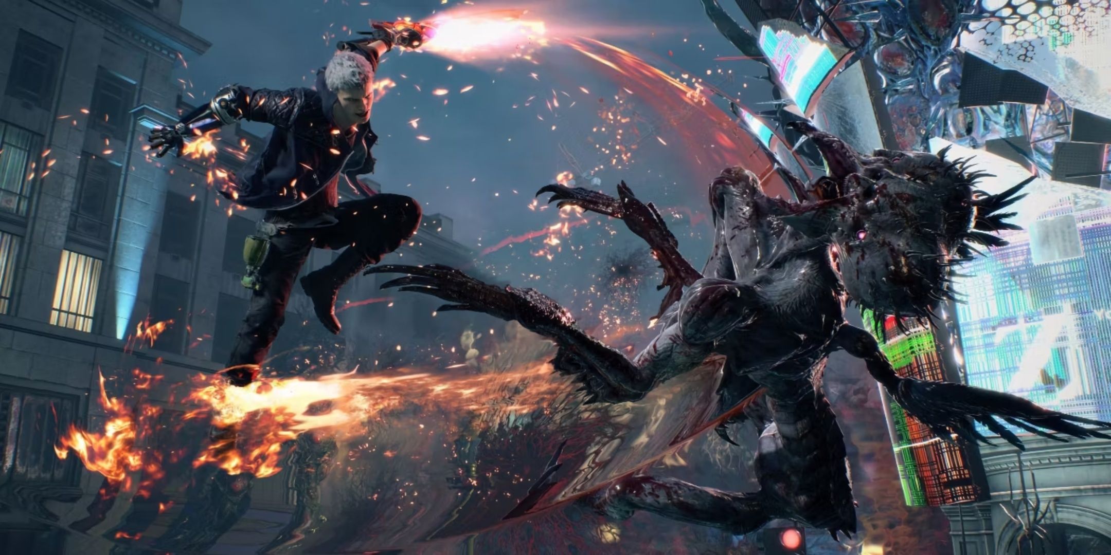 Nero attacking an enemy in the air with his fists Devil May Cry 5.