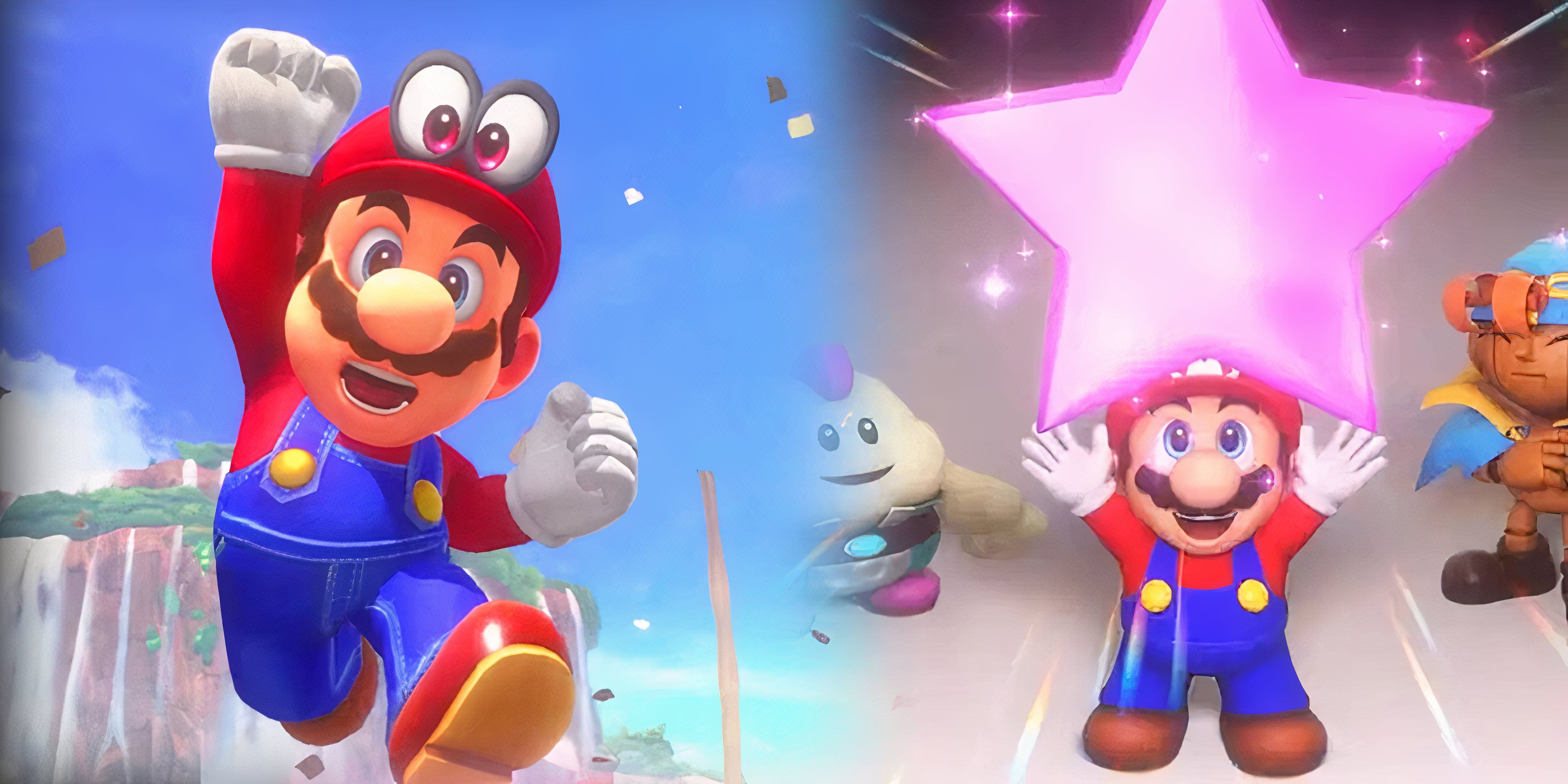 mario in super mario odyssey, and holding up a star in super mario rpg