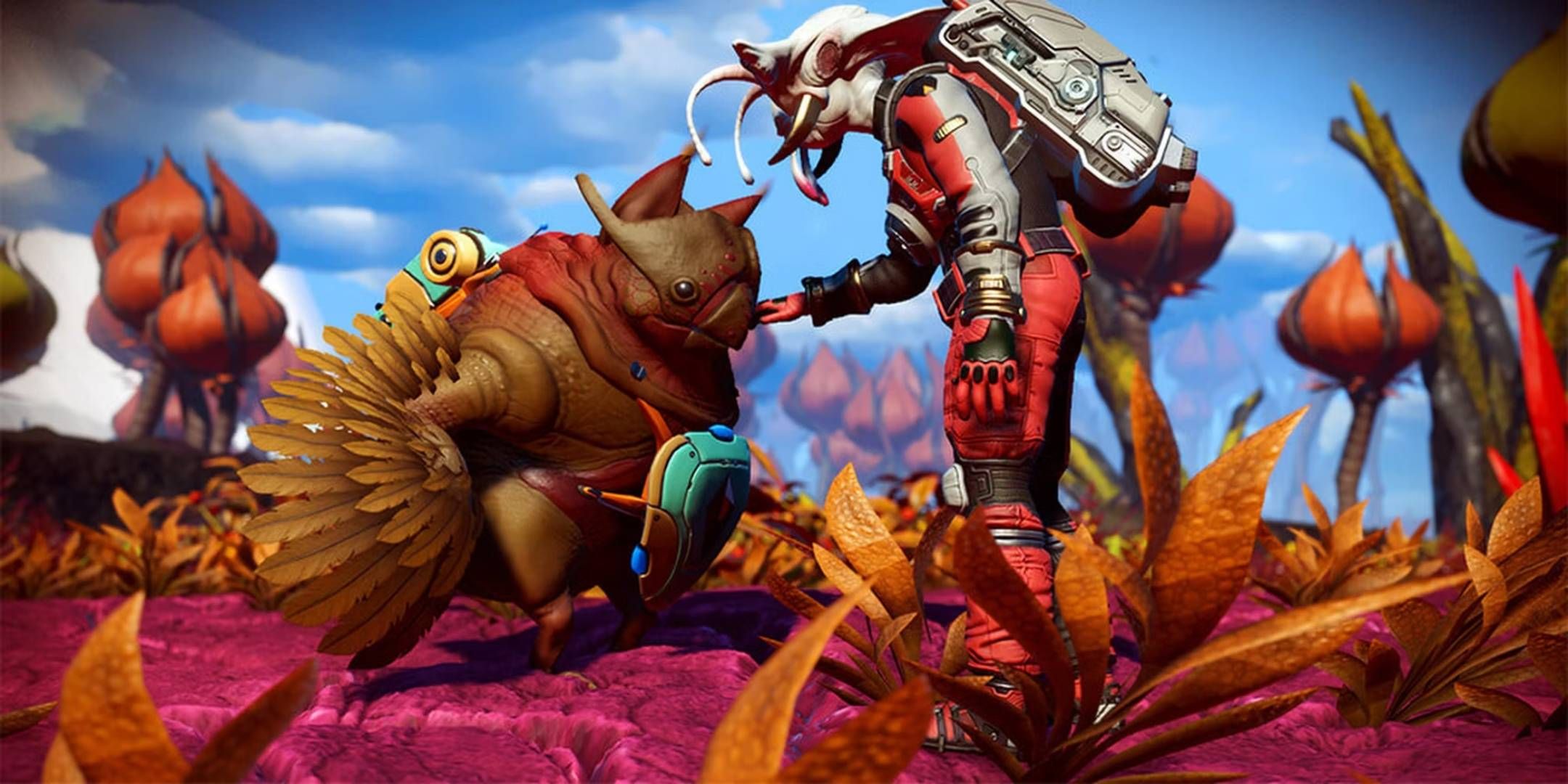 No Man's Sky - a player petting an alien animal compaion