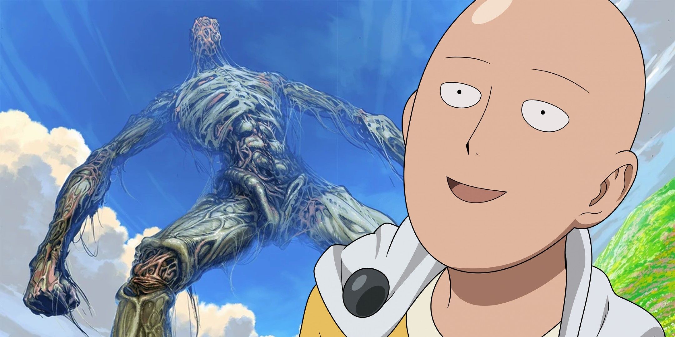 one punch man image showing a rendition of god and saitama on front