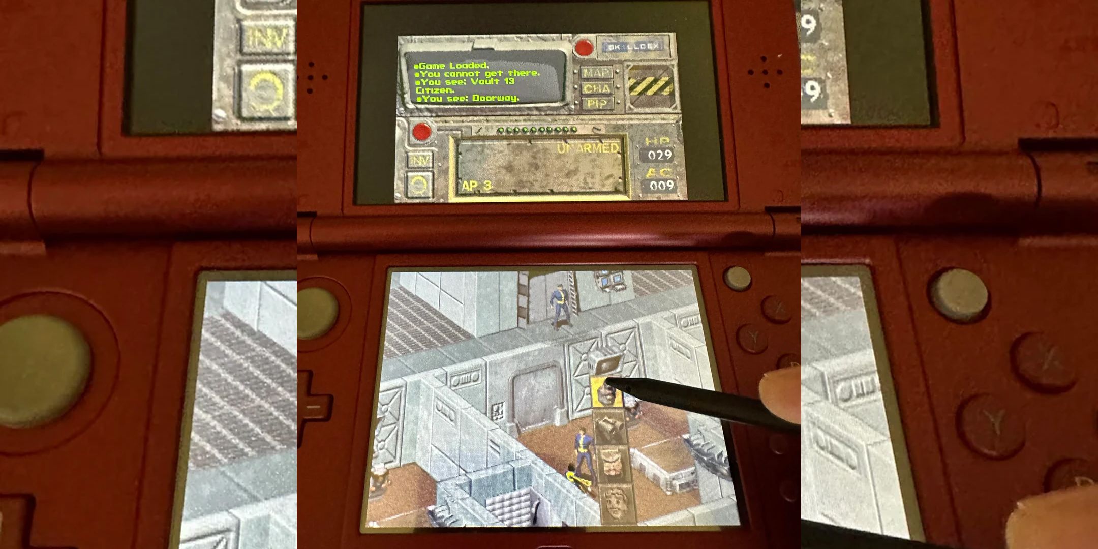 Original Fallout game on a red 3DS, player using stylus to navigate UI