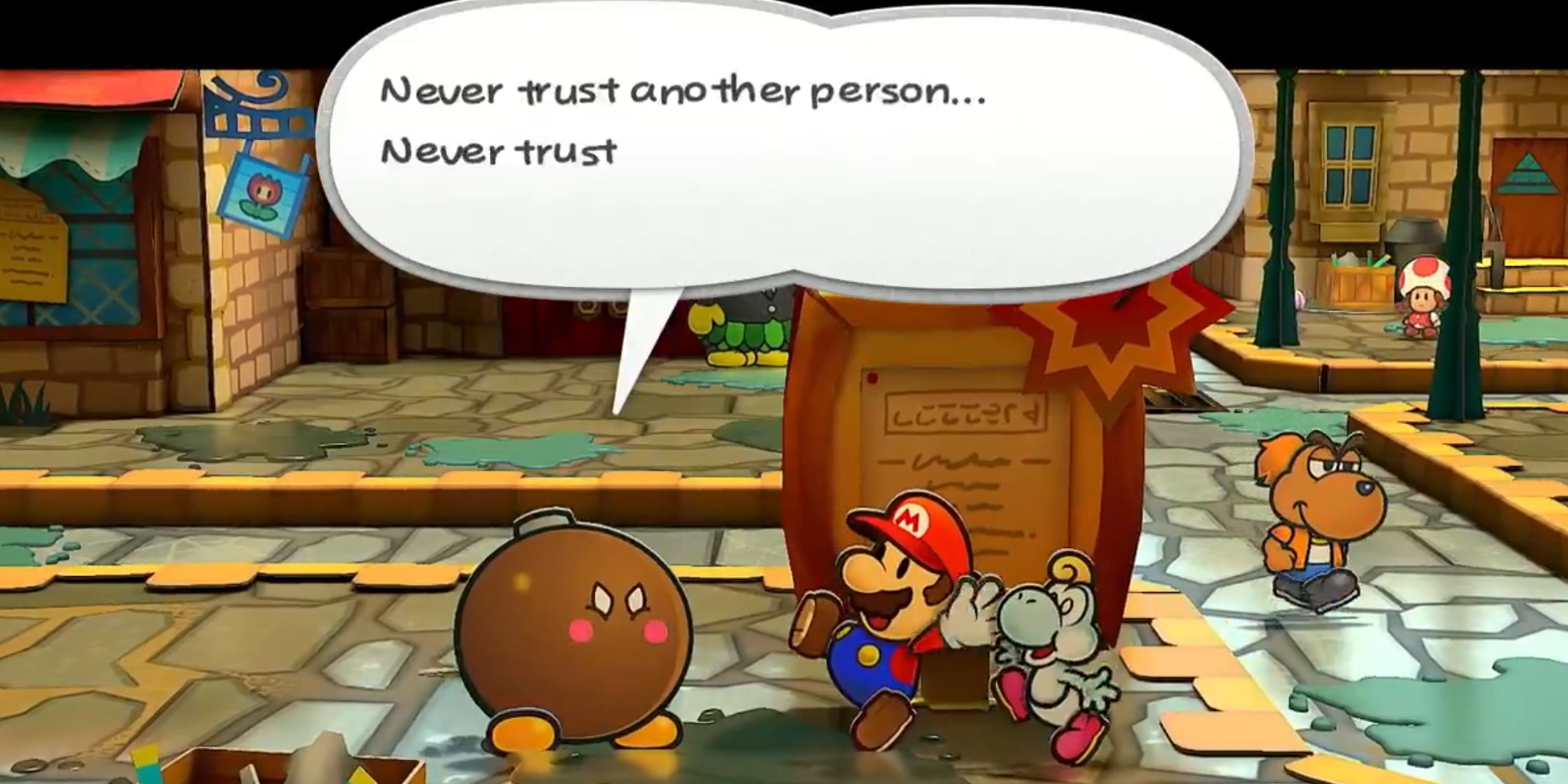 Paper Mario The Thousand Year Door Nintendo Switch remake bob-omb blowing up as it says never trust another person while Mario panics