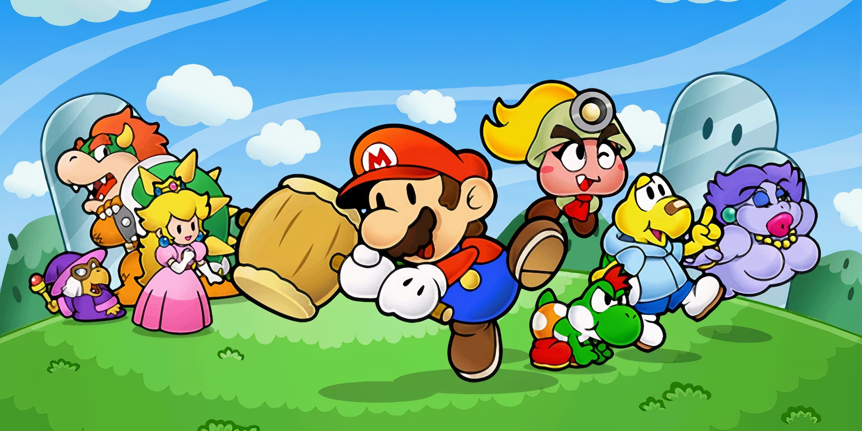 Paper Mario swings a hammer with Princess Peach, Bowser, Goombella, Koops, Flurrie, and Yoshi Kid next to him