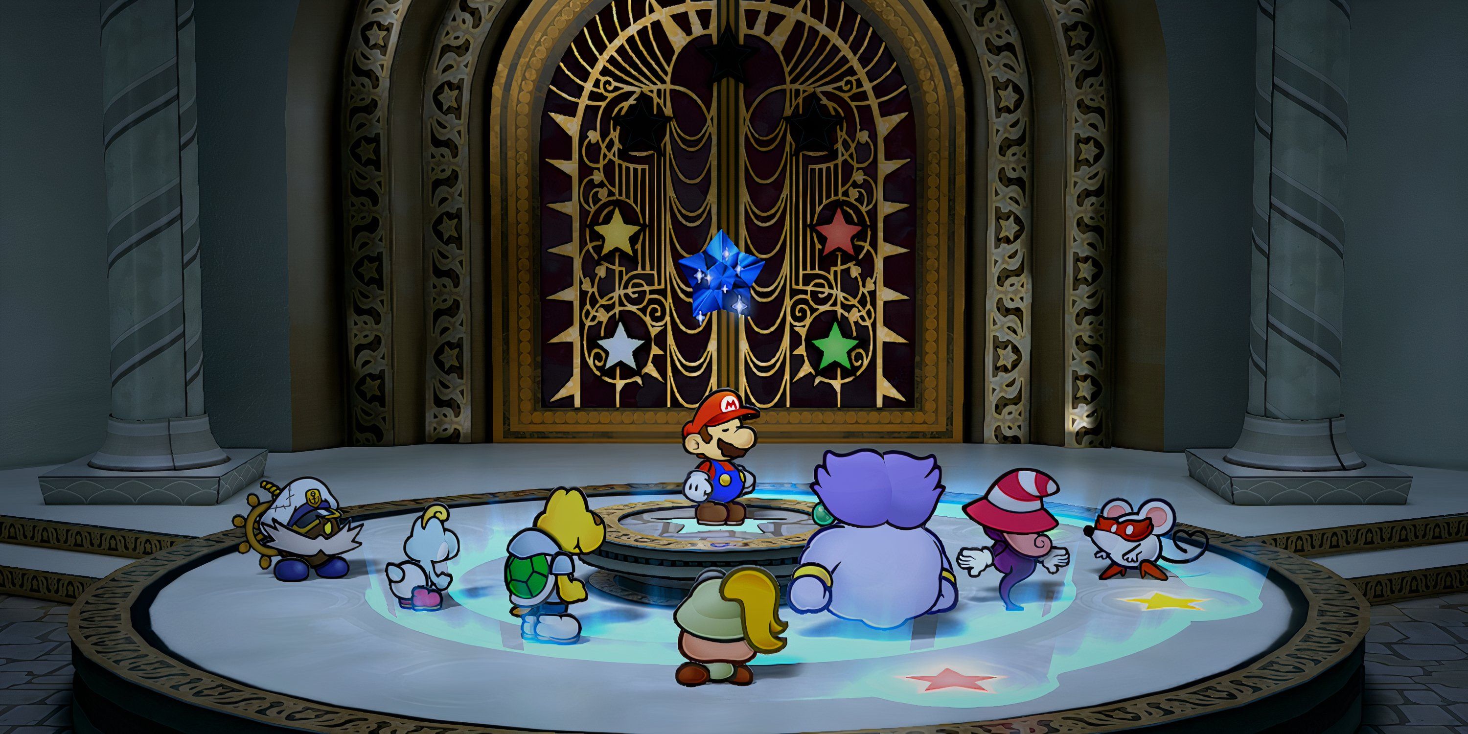 Paper Mario and party bringing a star to the door
