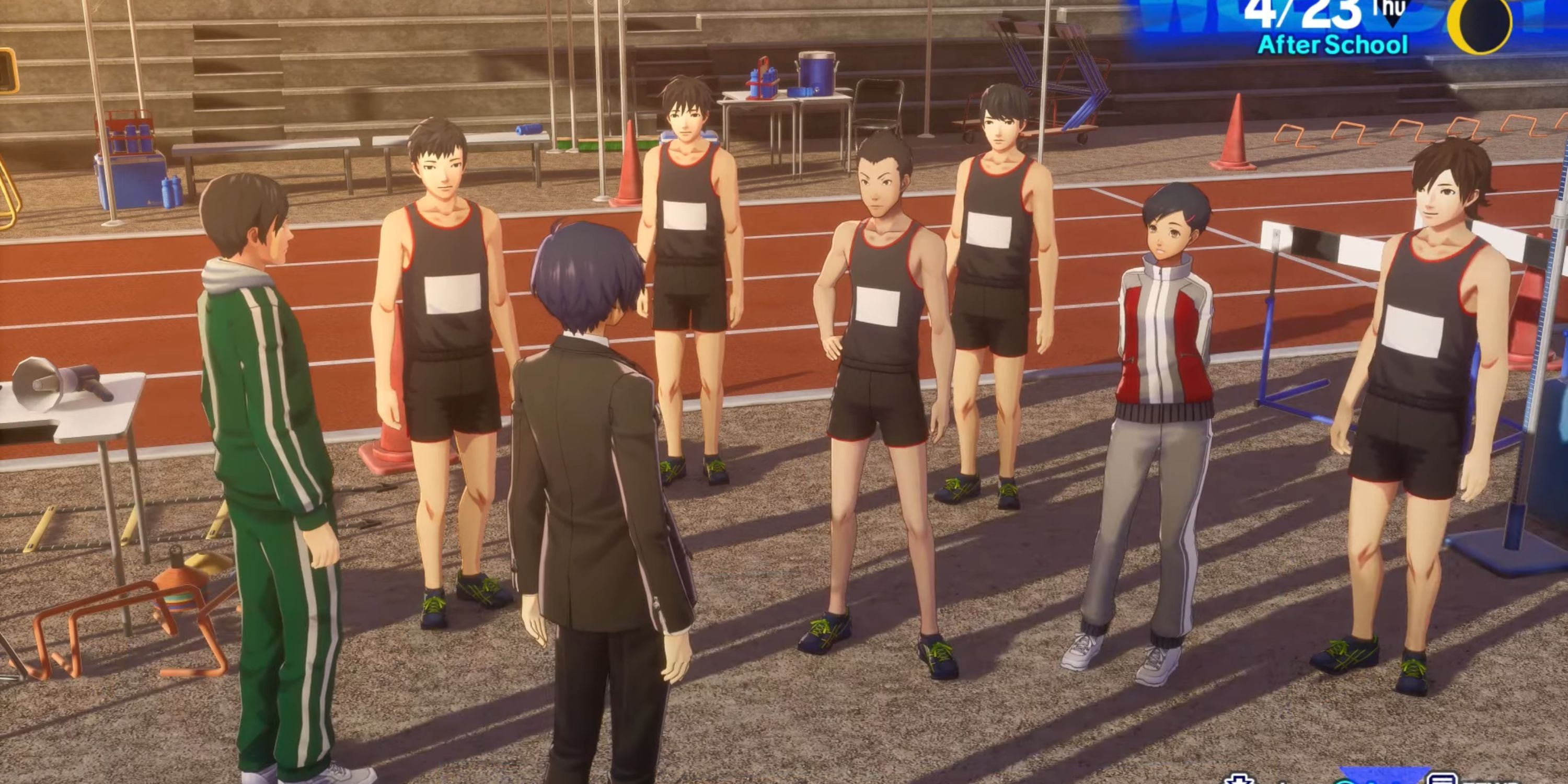 The Protagonist stands in front of the track team