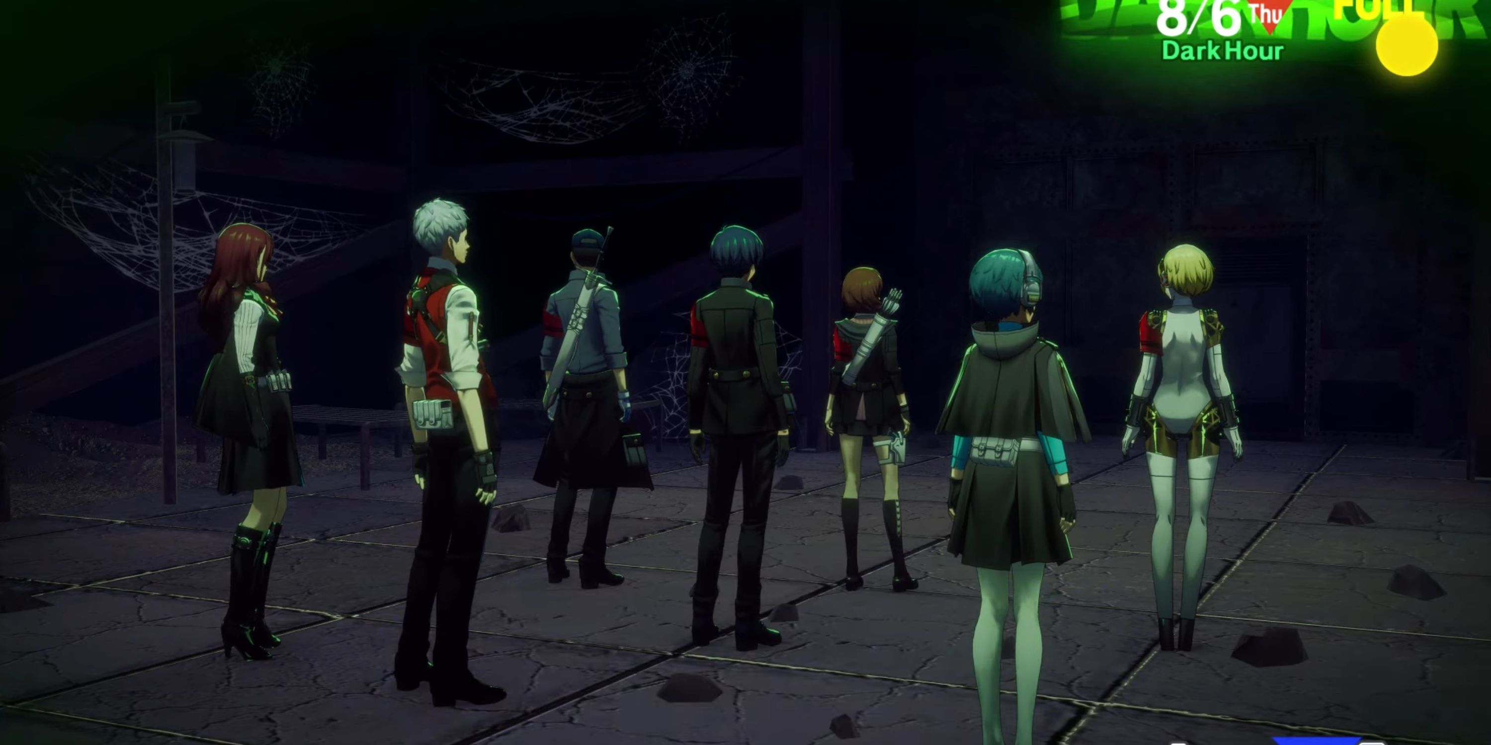 Mitsuru, Akihiko, Junpei, the Protagonist, Yukari, Fuuka, and Aigis stand in an underground bunker