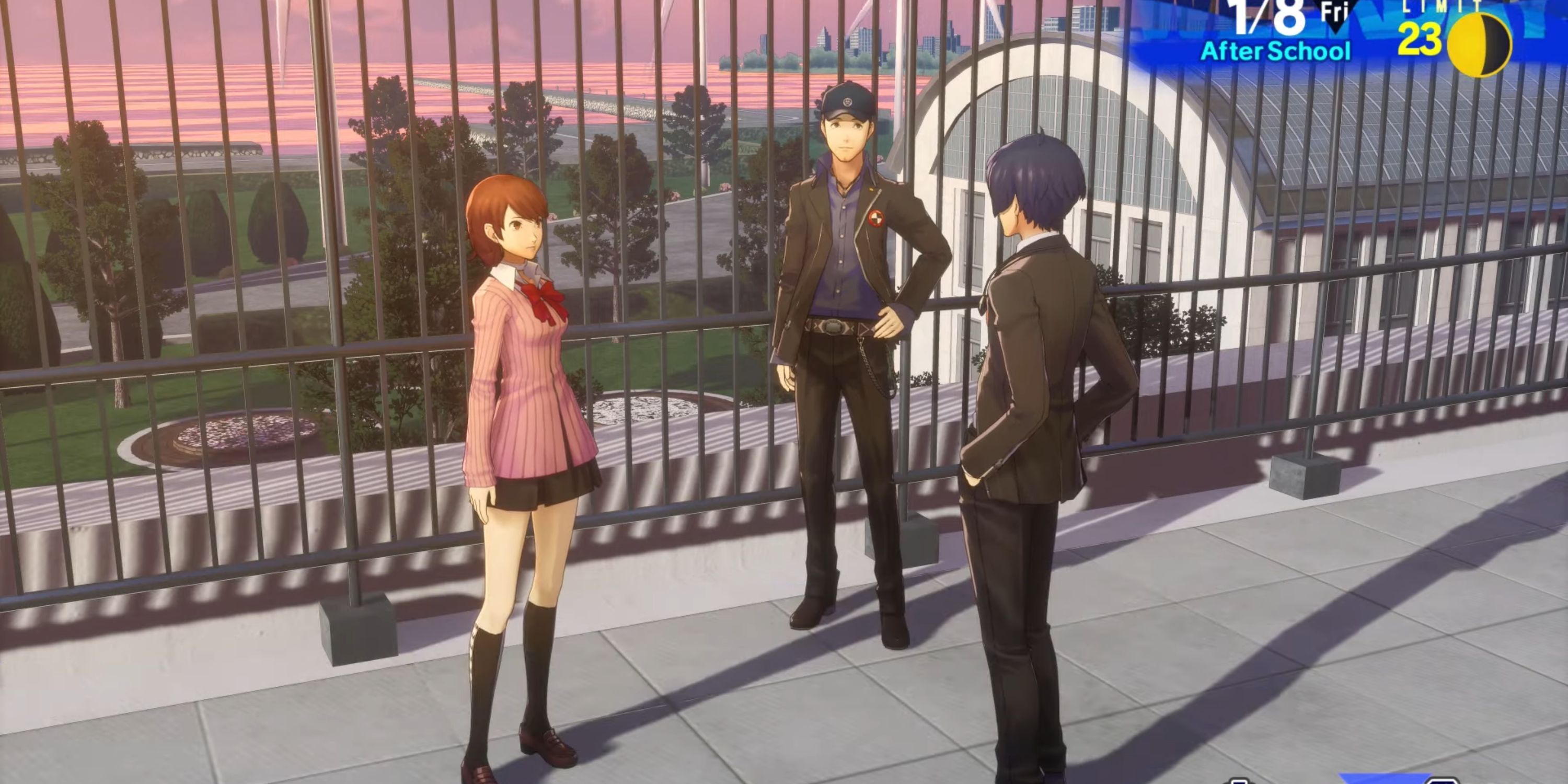 Yukari, Junpei, and the Protagonist stand on the roof of Gekkoukan High School