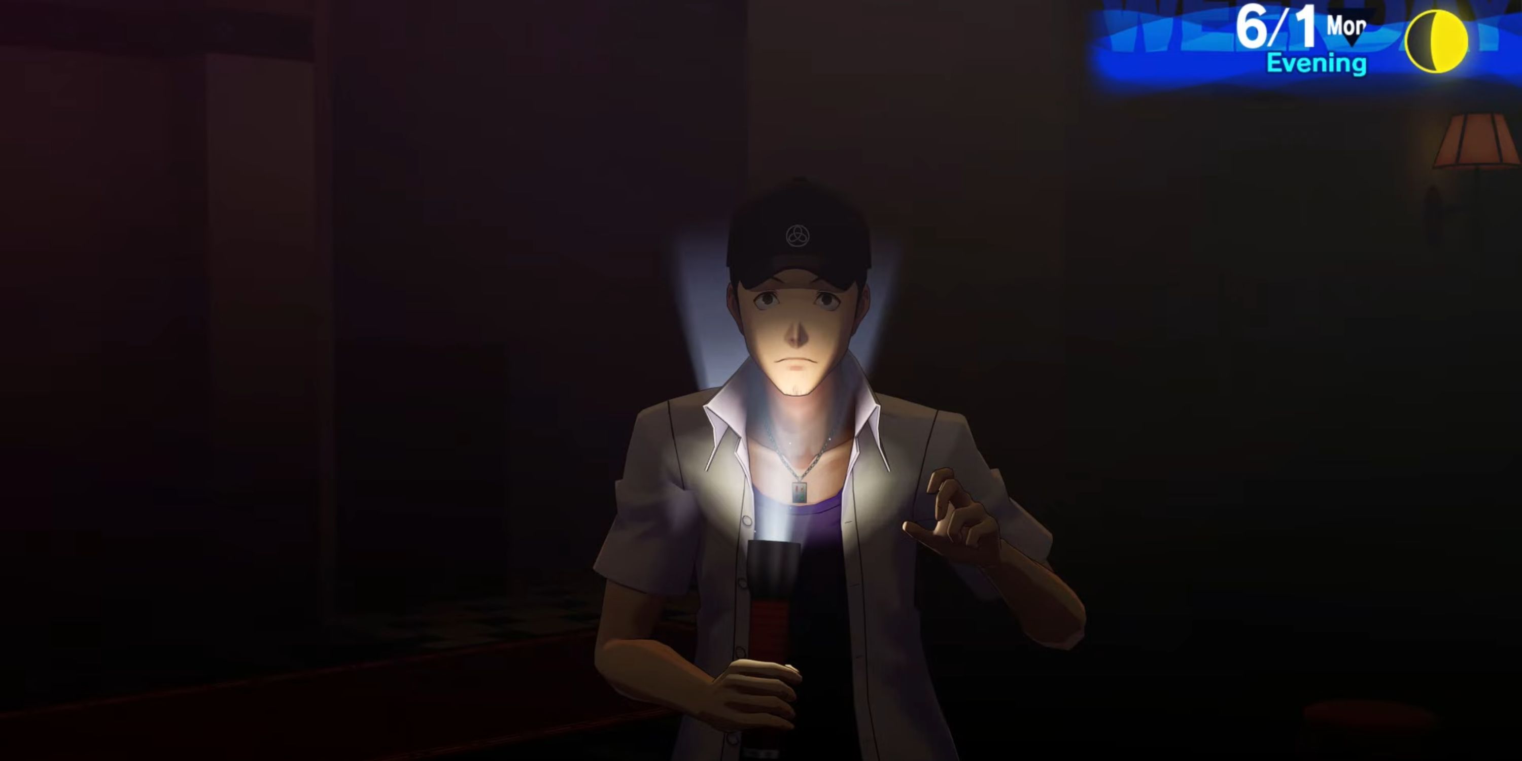 Junpei tells a scary story with a flashlight in front of his face