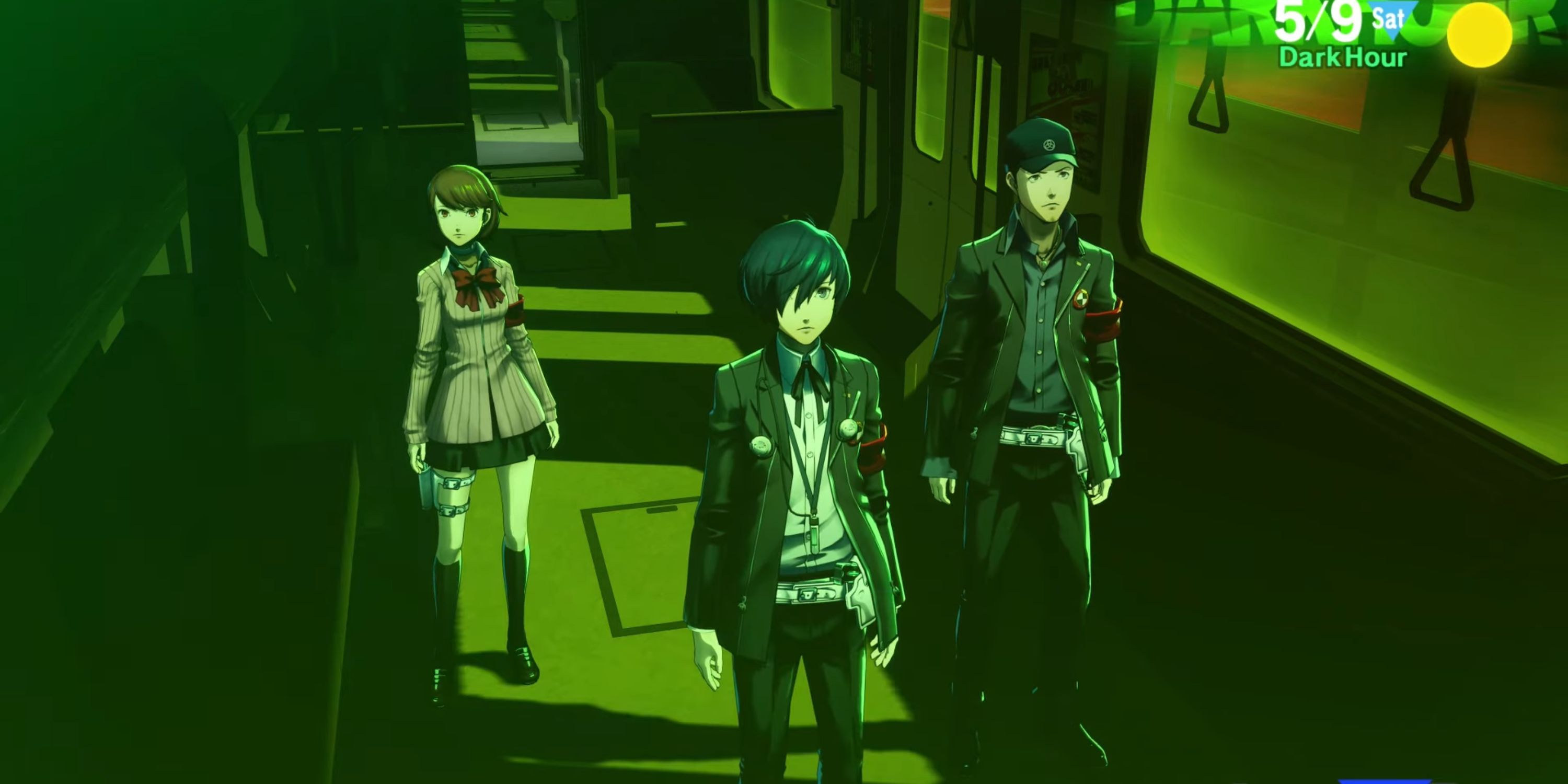 Yukari, Junpei, and the Protagonist stand in a train during the Dark Hour