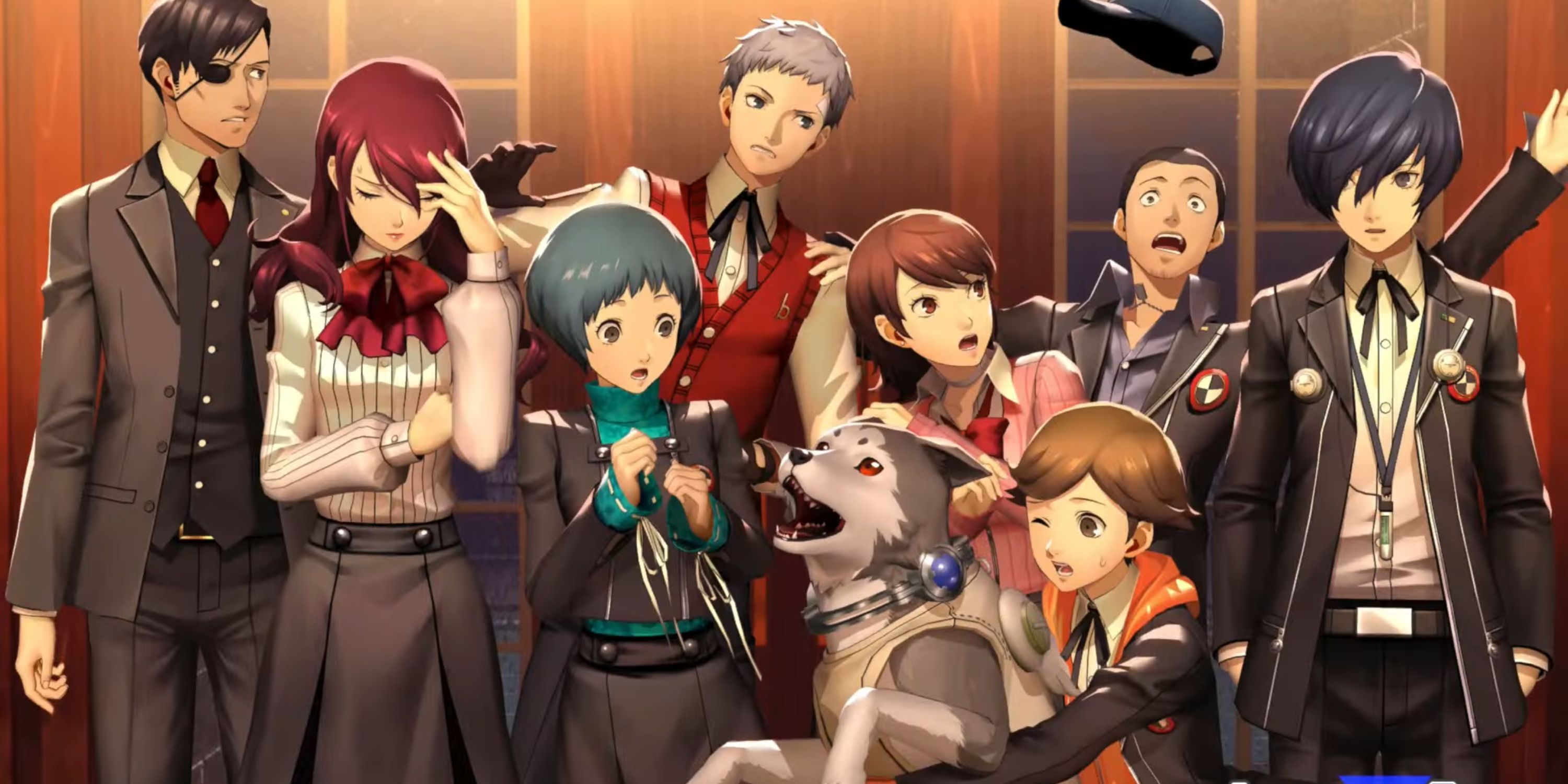 Mitsuru, Fuuka, Akihiko, Yukari, Koromaru, Ken, Junpei, and the Protagonist pose for a photo together