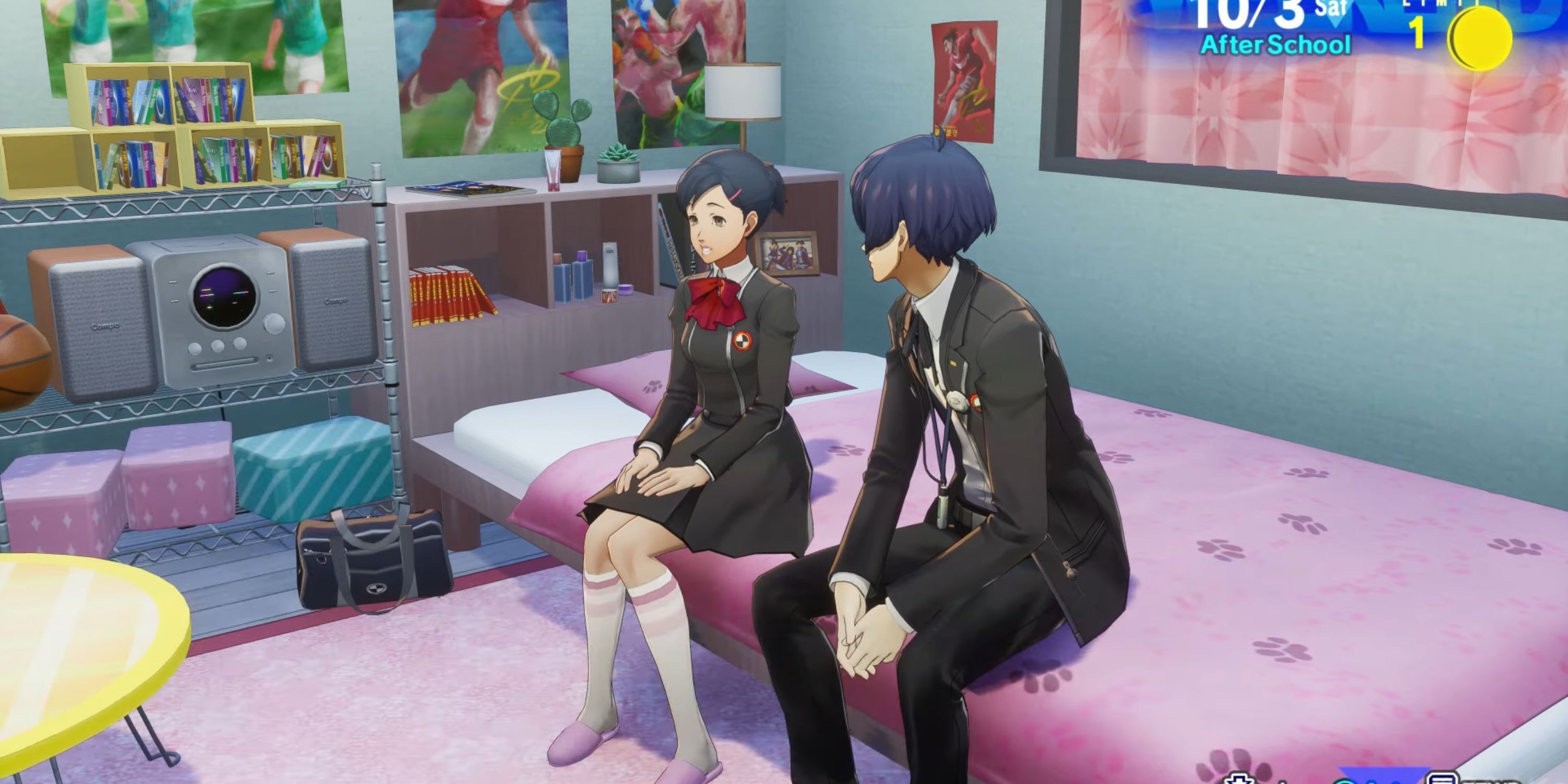 The Protagonist talks to Yuko Nishiwaki while sitting on her bed