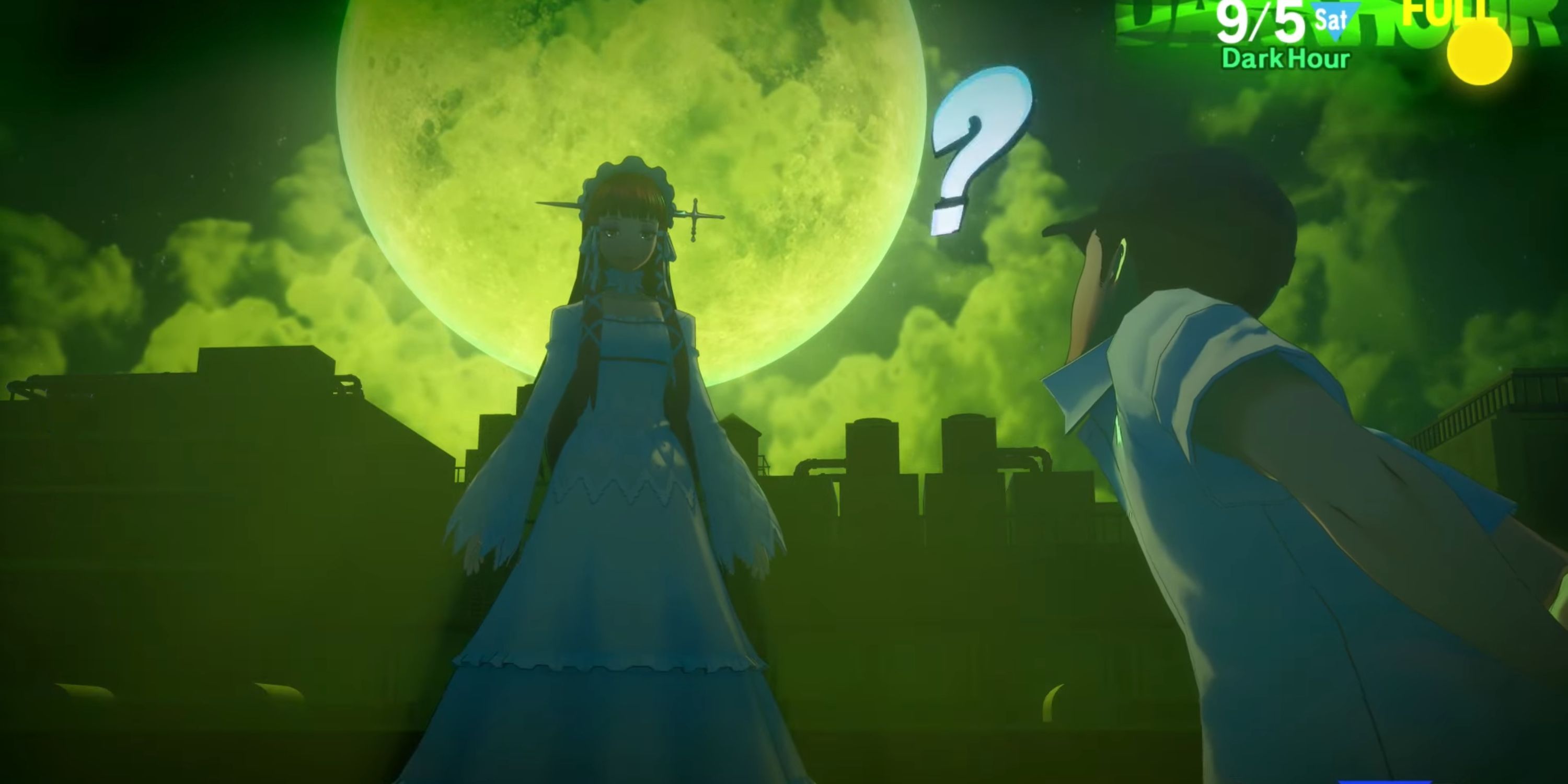 Junpei looks up at Chidori while she stands in front of a full moon