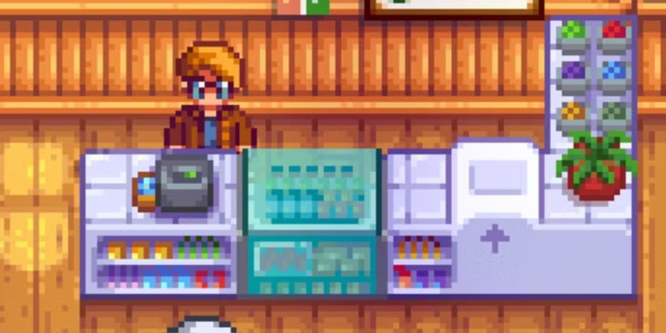 Pierre behind the counter in his shop in Stardew Valley
