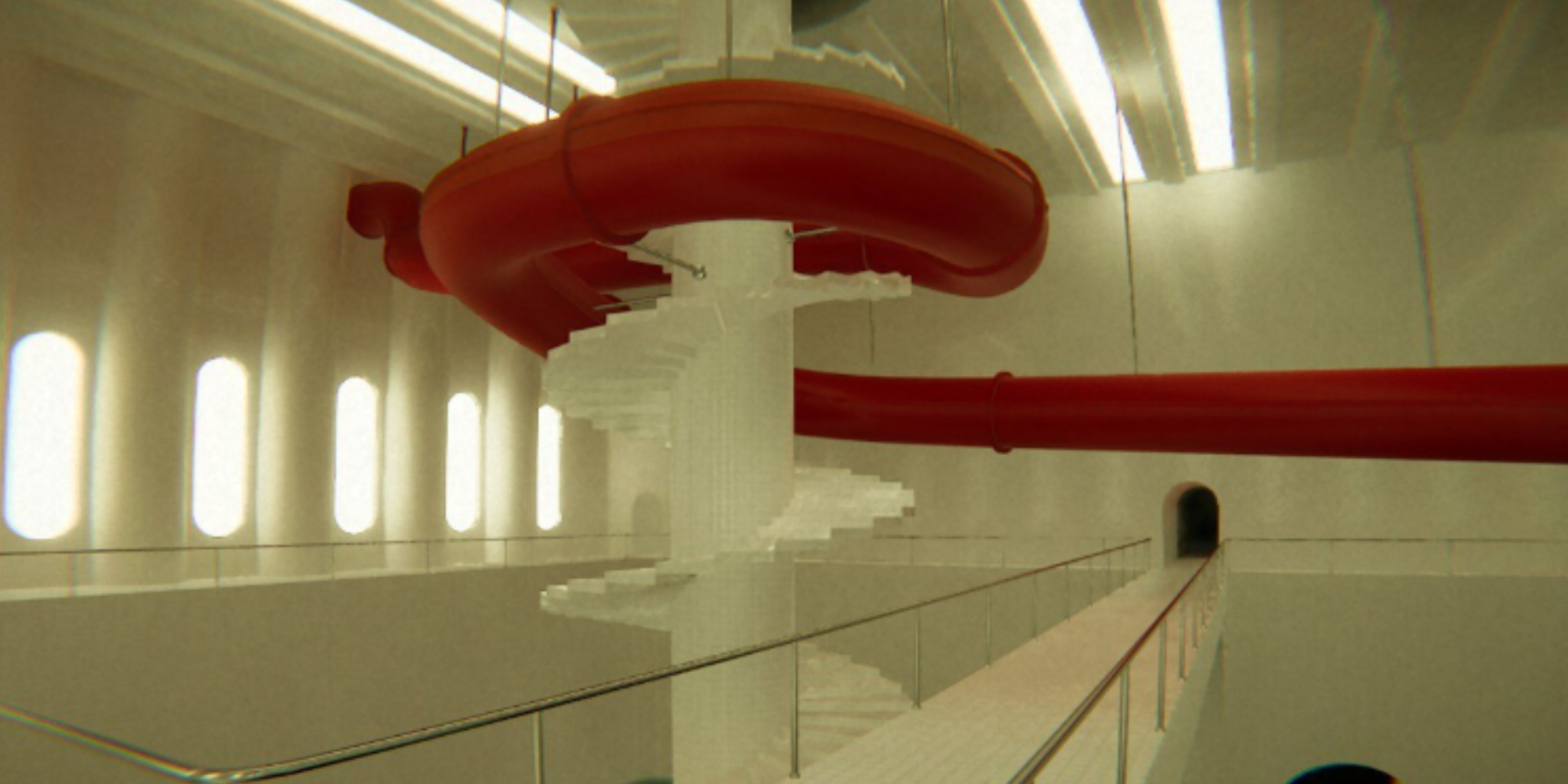Pools screenshot showing slide wrapping around stairs