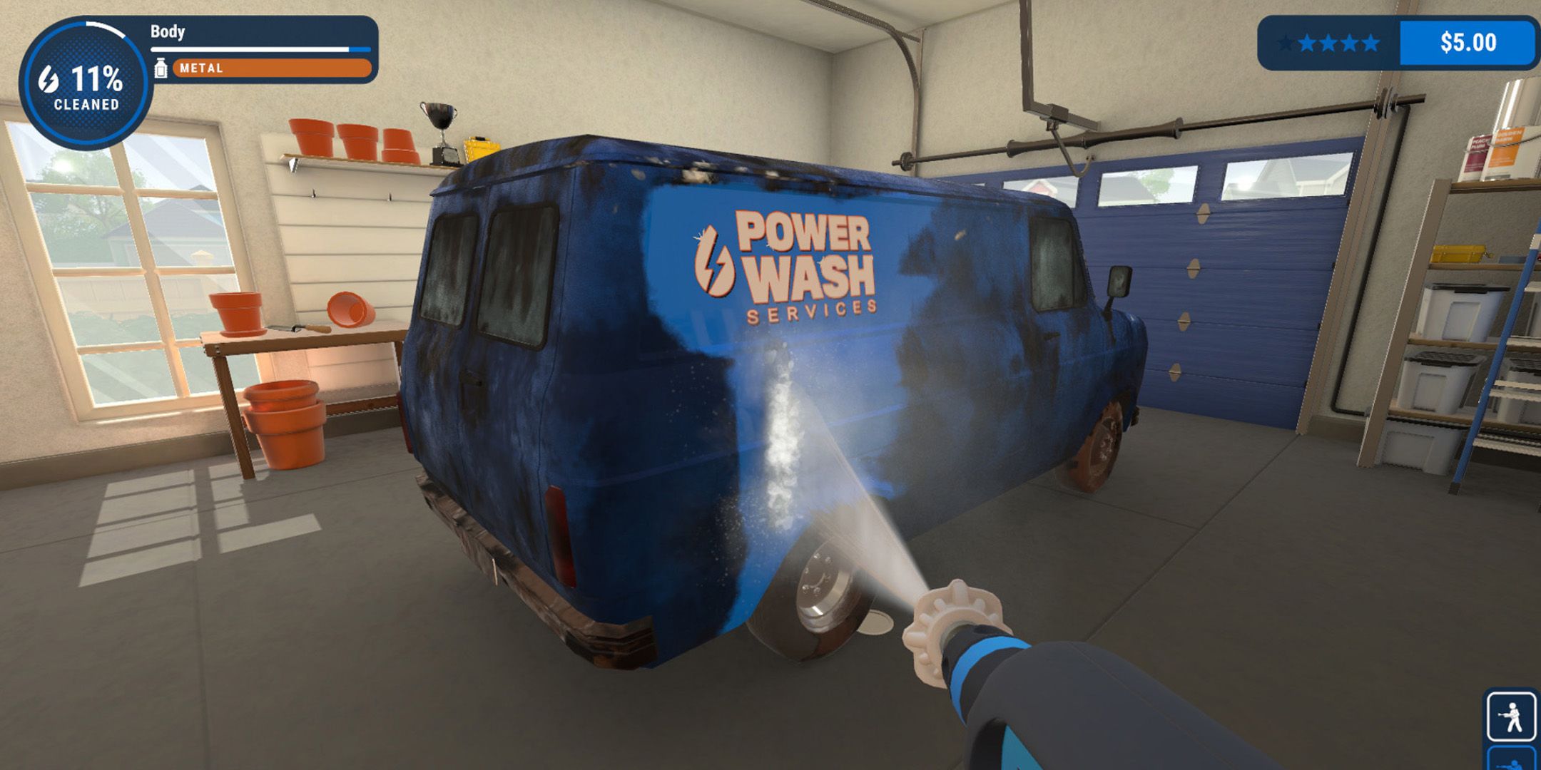 The protagonist of PowerWash Simulator using a hose to clean a filthy blue van.