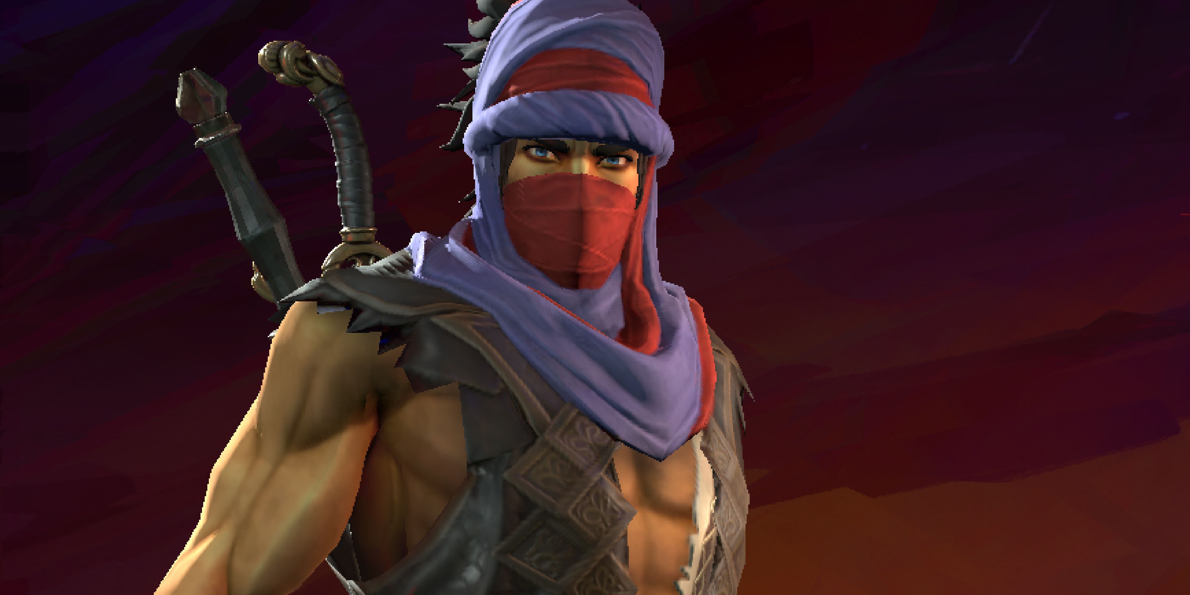 Prince of Persia The Lost Crown Sargon in front of a red background in the 2008 reboot outfit