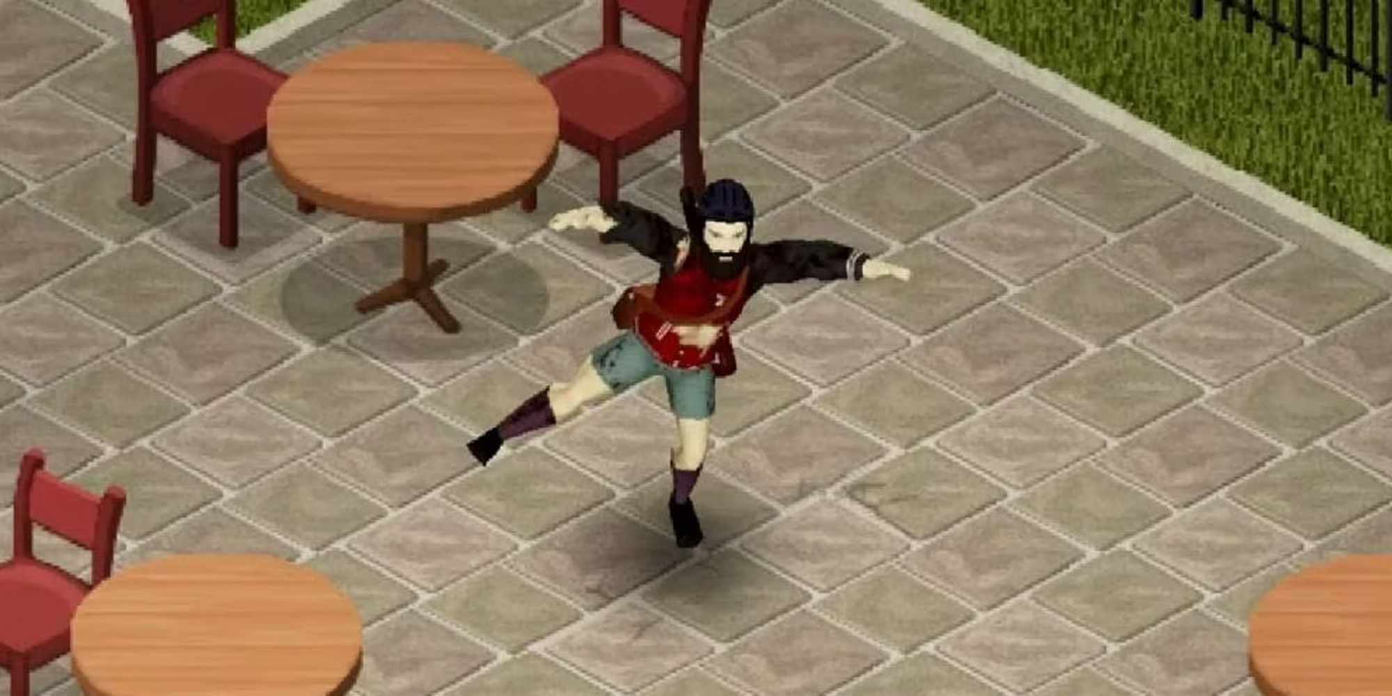 A player in shorts and a red shirt striking a pose in a cafe in Project Zomboid.