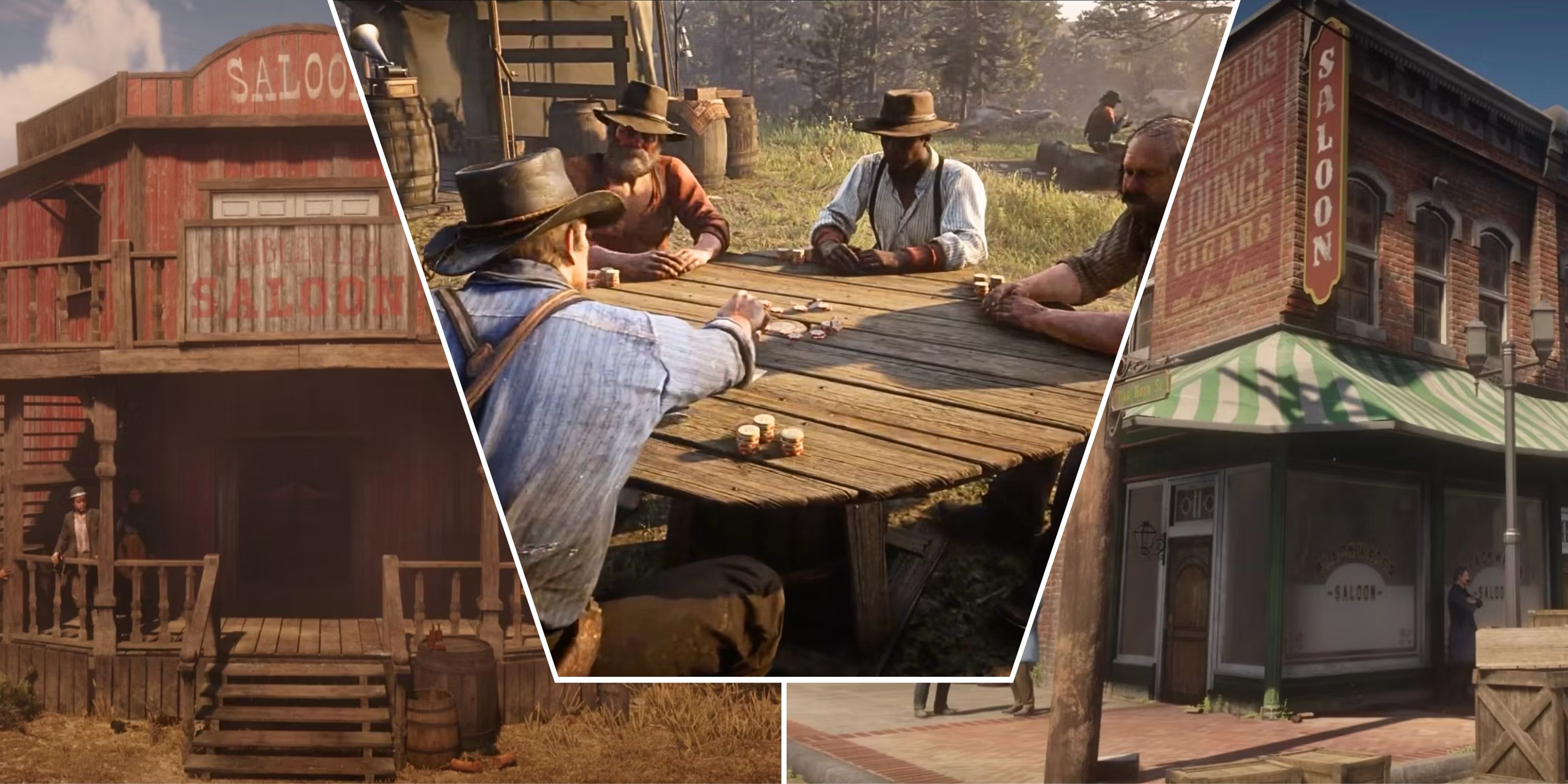 Collage image featuring two different saloons from Red Dead Redemption 2 and Aurther Morgan playing poker with his gang at their camp