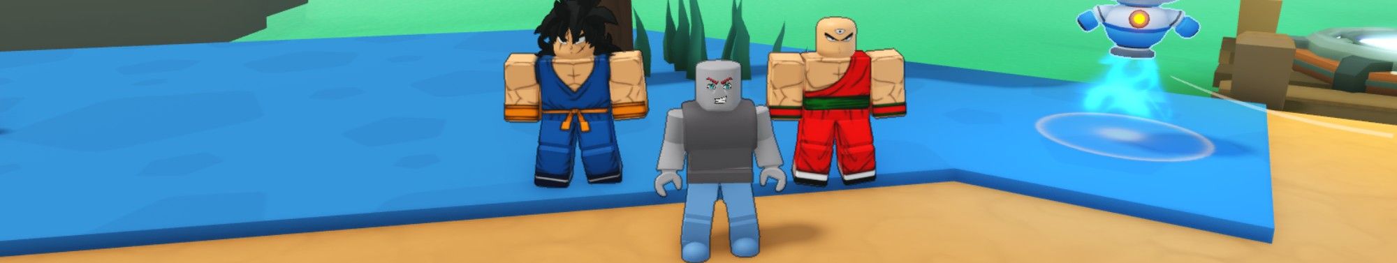 A player next to two anime characters in Anime Champions Simulator on Roblox