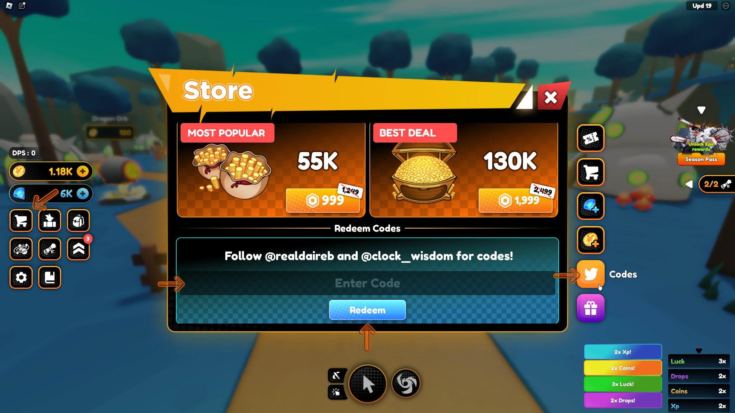 the codes section appears in the Store in Anime Champions Simulator on Roblox