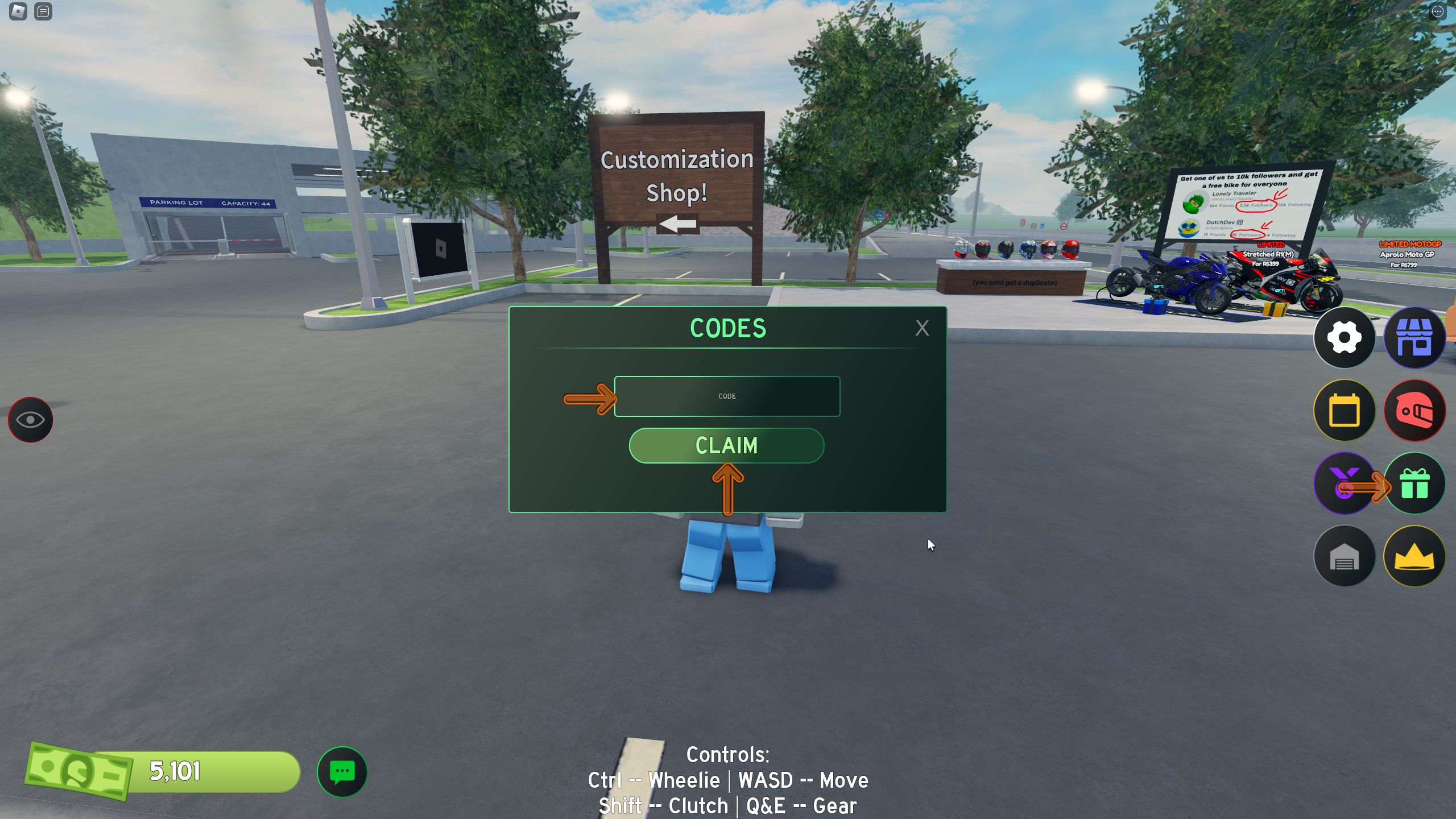 where you can redeem the codes in MotoRush on Roblox