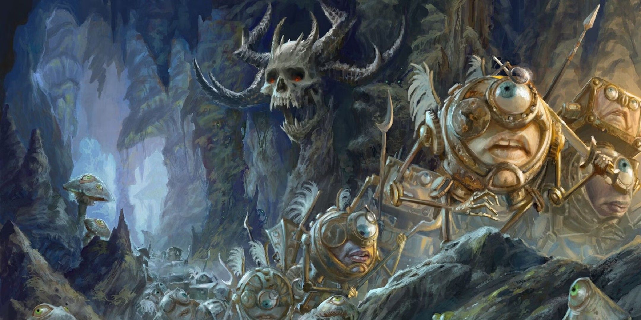 many modrons march in a line through a cave as a giant skull watches