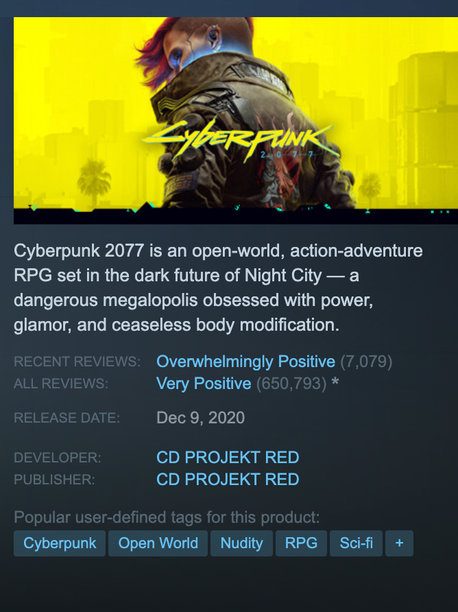 Обзоры Cyberpunk 2077 в Steam впервые оказались исключительно положительными