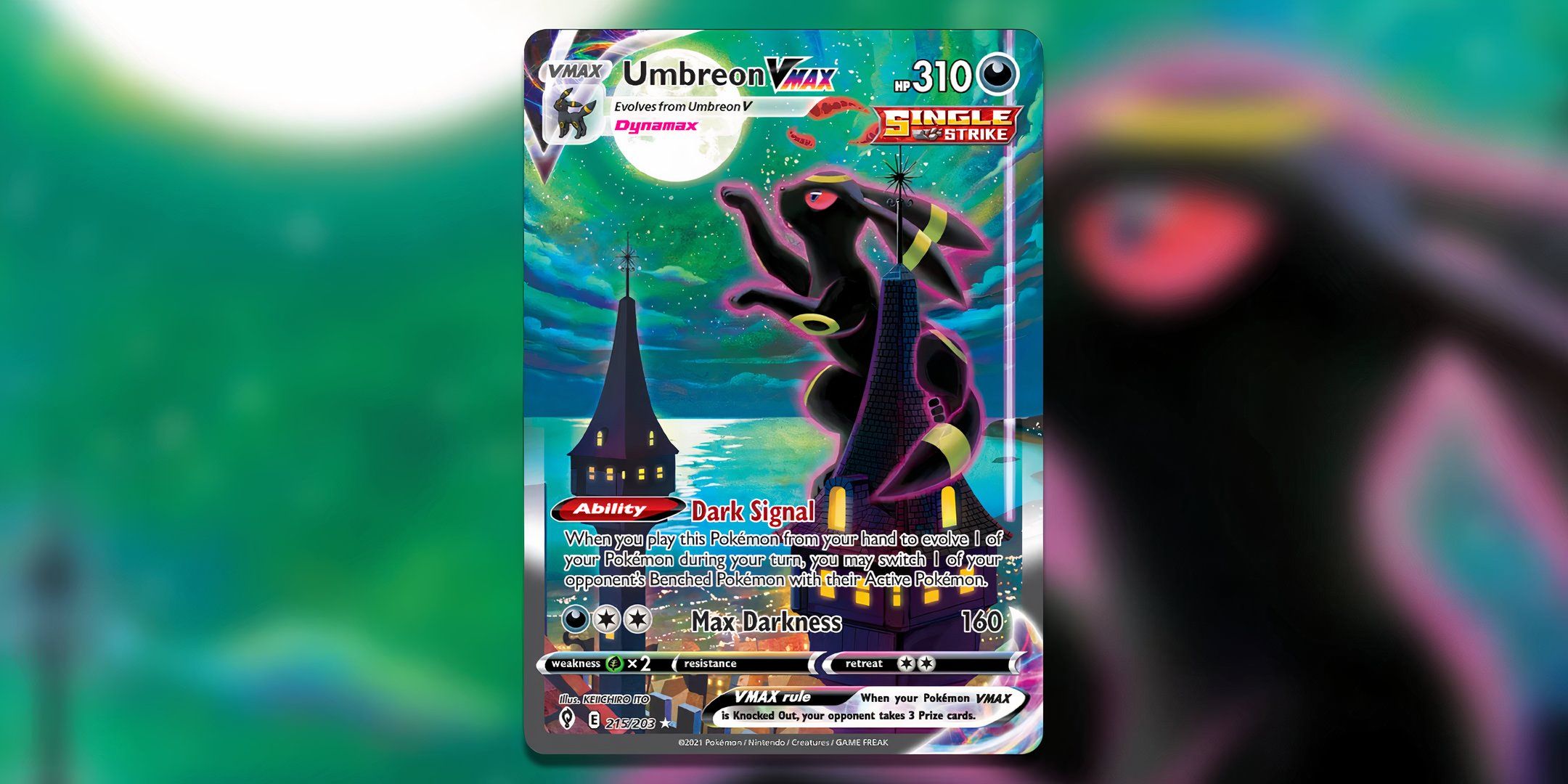 Screenshot of the Umbreon VMAX Alt-Art Secret from the Pokémon Trading Card Game “Evolving Skies”