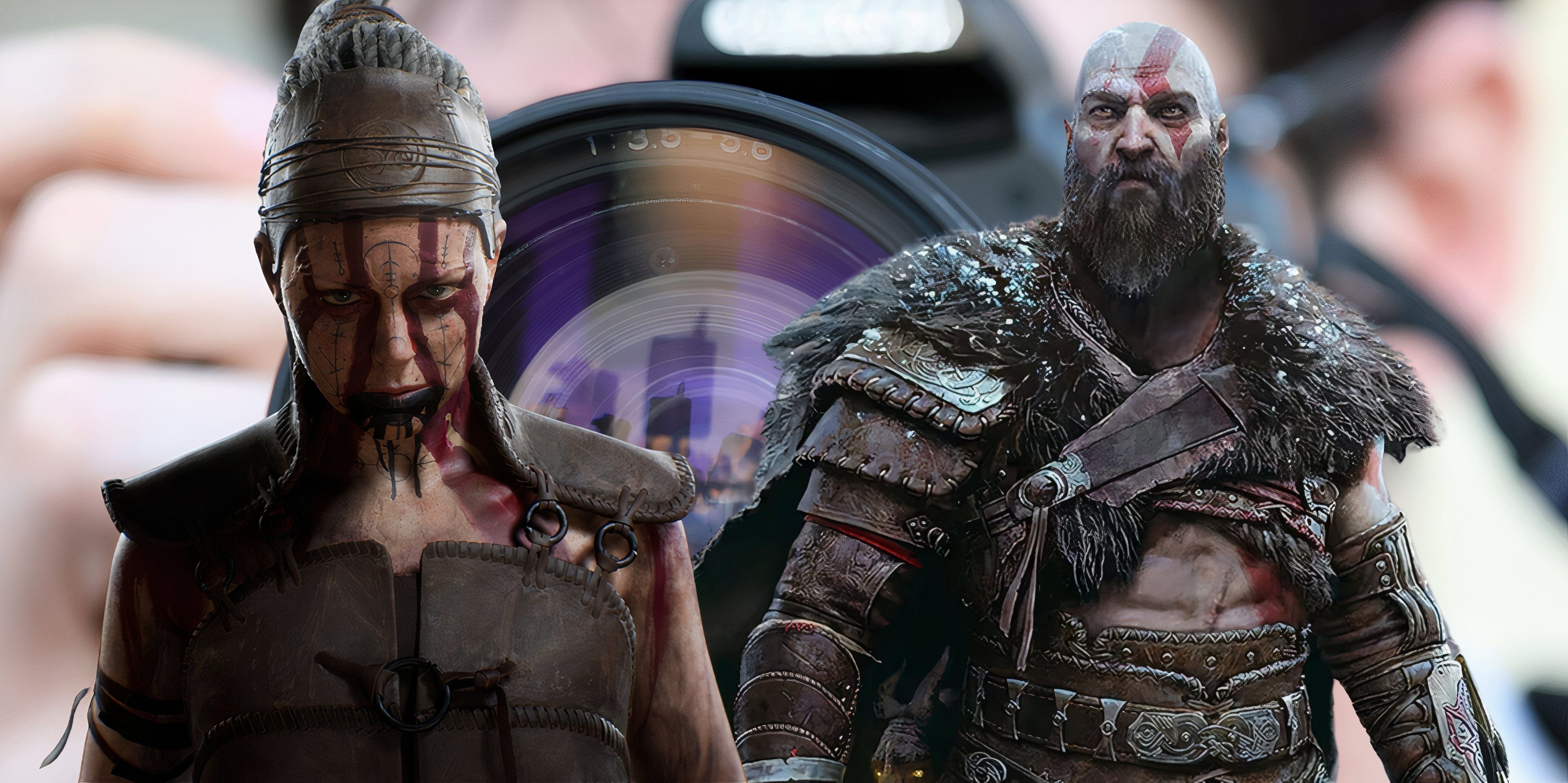 Senua and Kratos in front of a camera