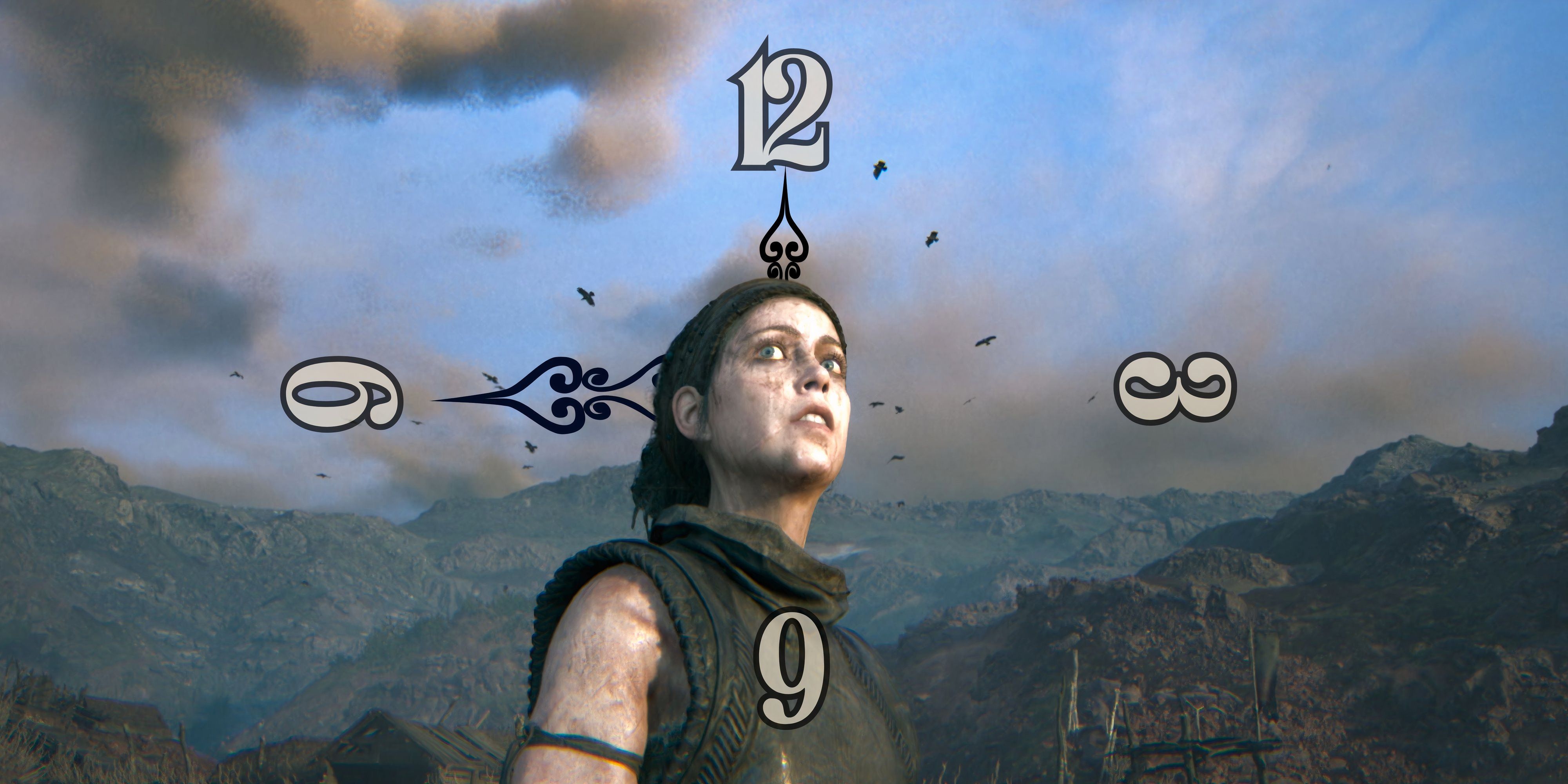 Senua from Hellblade 2 with a clockface around her