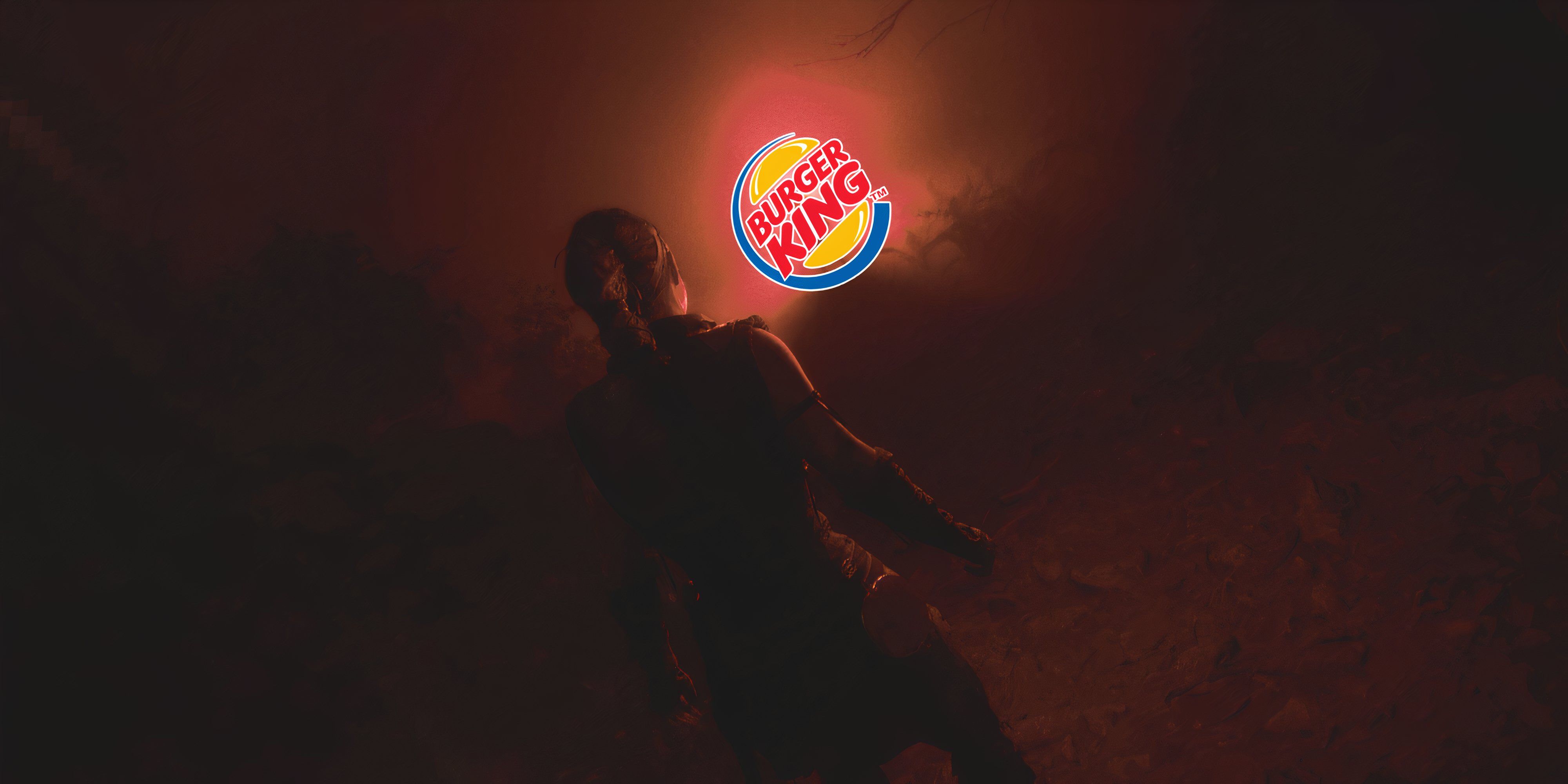 Senua staring out at a glowing Burger King logo
