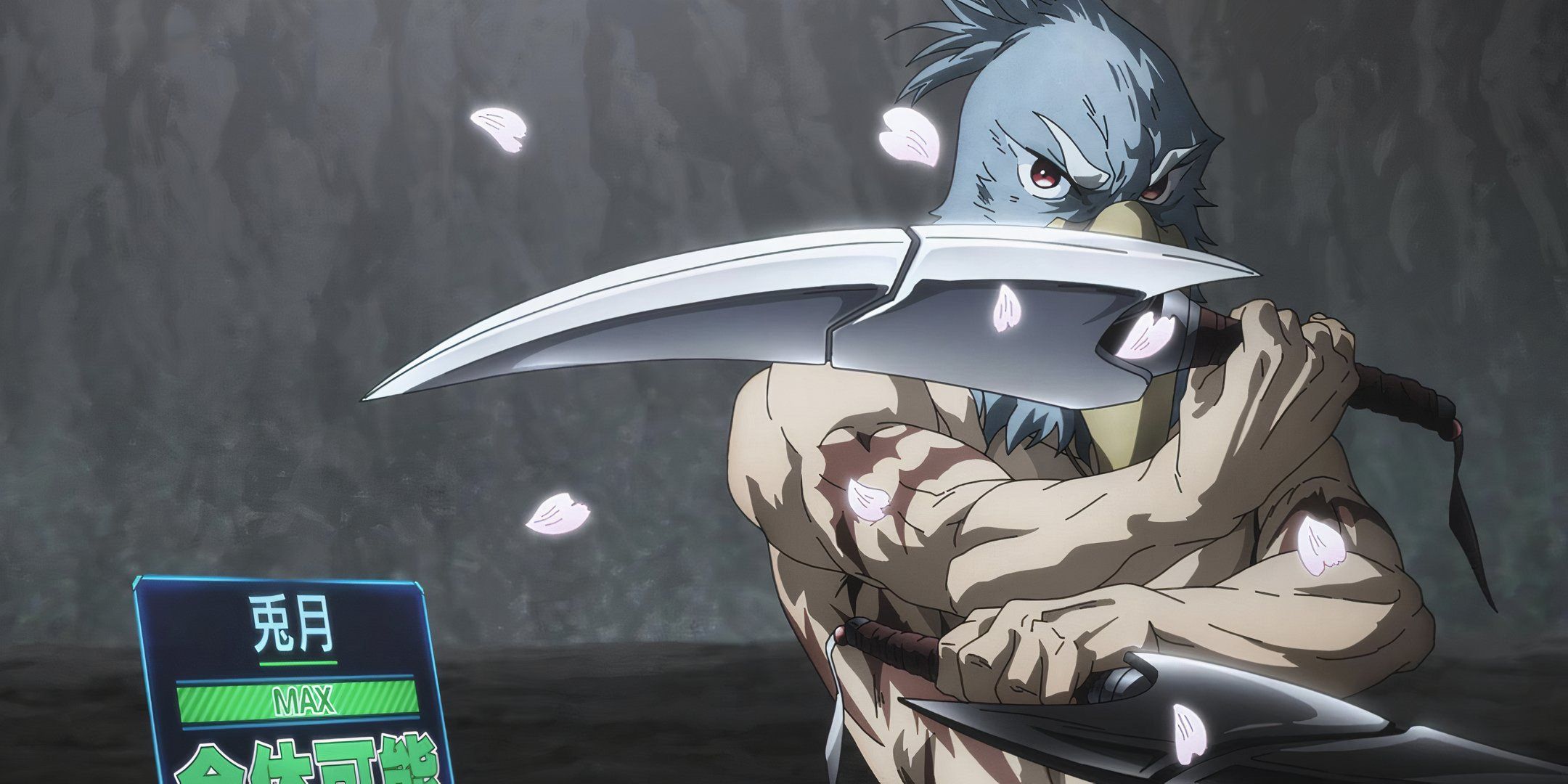 Sunraku holds two blades, beside him a screen is maxed out.