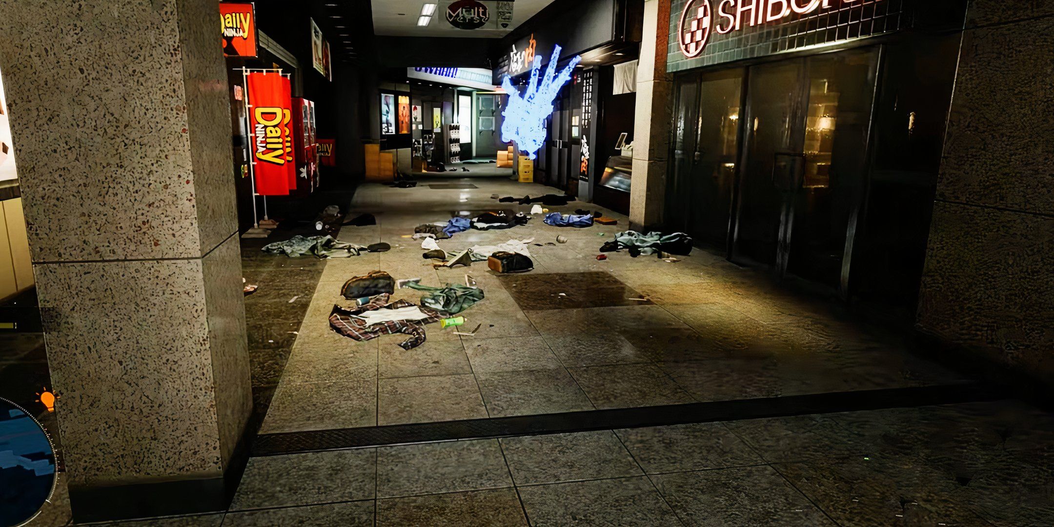 Spirits float in Shibuya's underground shopping area entrance in Ghostwire Tokyo.