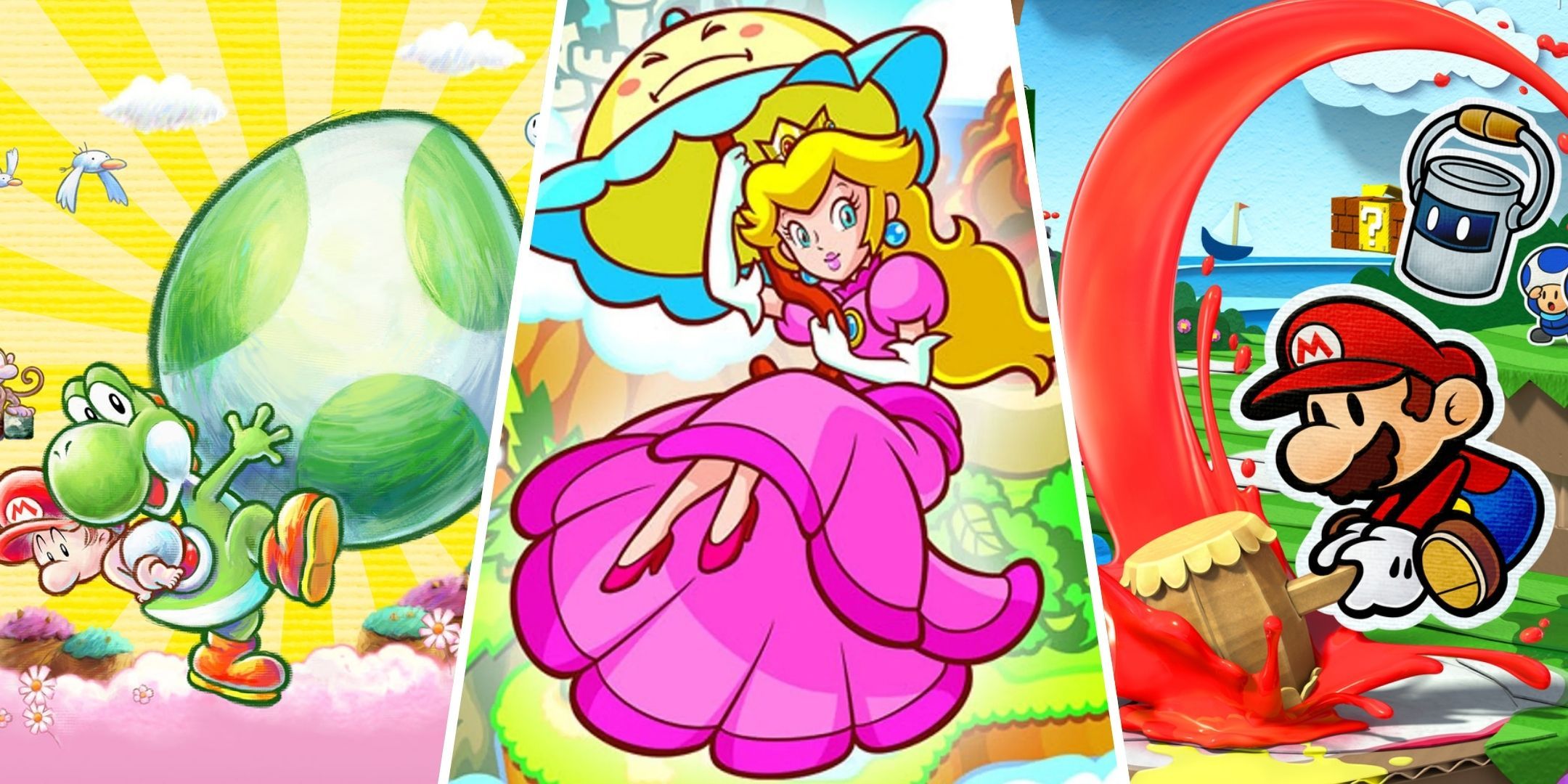 Split image of artwork from Yoshi's New Island Super Princess Peach and Paper Mario Color Splash